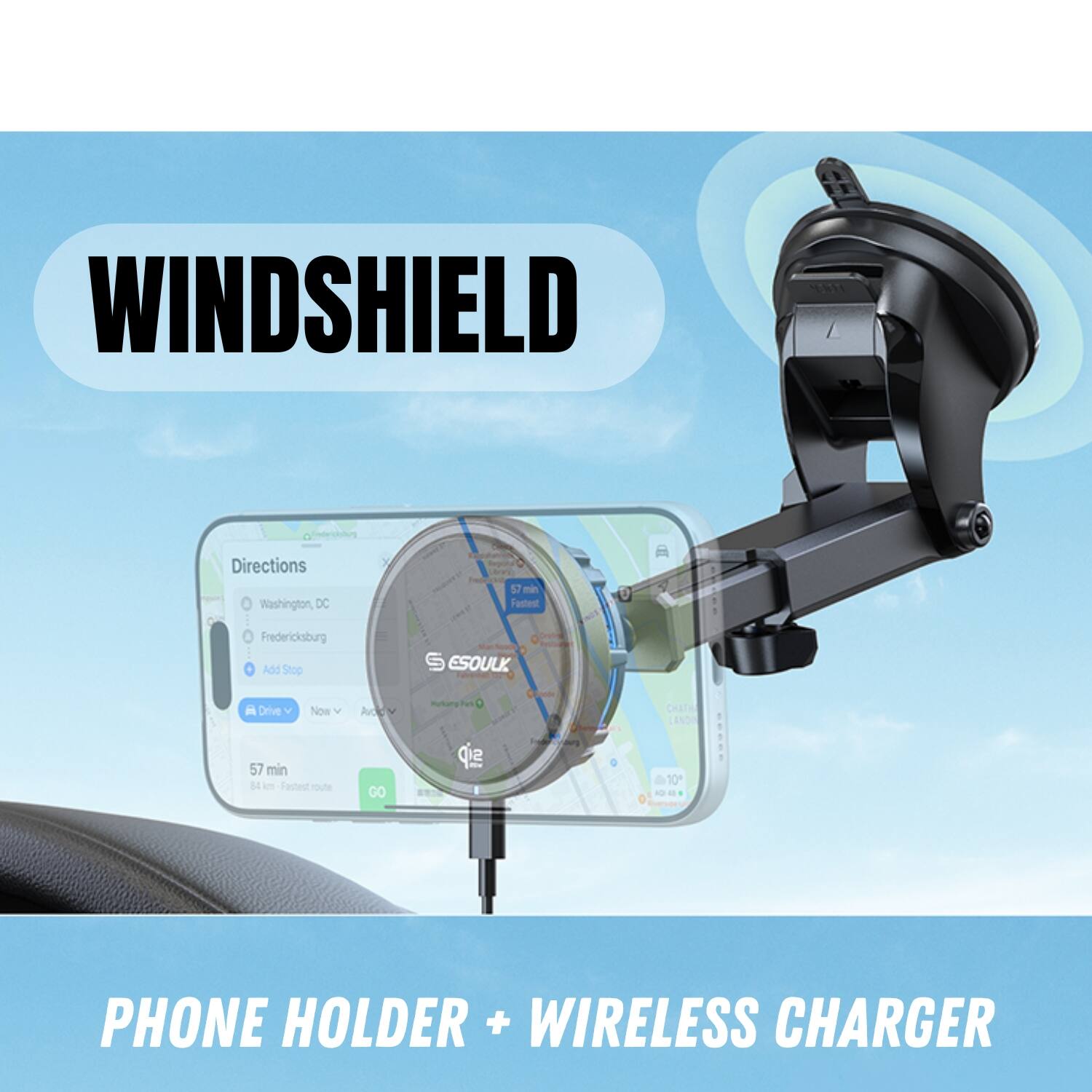 WINDSHIELD HAN Directions Washington DC 57 min Fastent Fredericksburg Add Stop ESOULK Drive V Now Ak Hutora tus CHATA LANDR 57 min on Fastest route GO sip 12 10 PHONE HOLDER + WIRELESS CHARGER