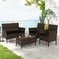 Costway 4 PCS Patio Furniture Set with Washable Cushions and Tempered Glass Coffee Table - Black + Mix Brown - Front_Zoom