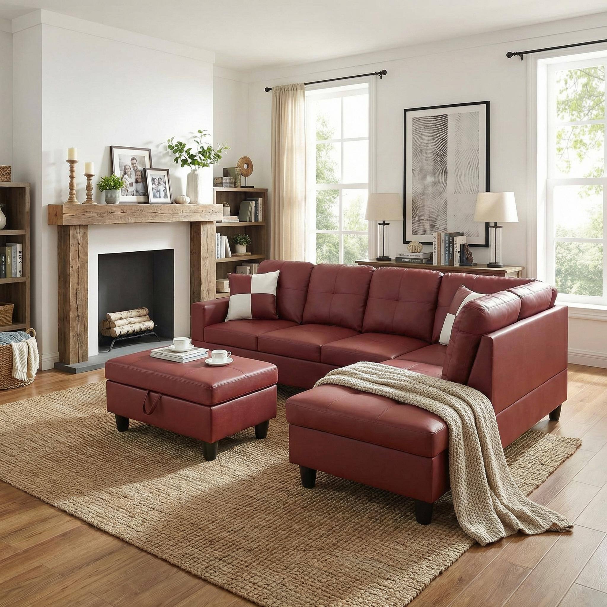 Alt View 3. Boyel Living - Premium Semi PU Upholstered Sofa Solid Wood Frame Double Spring with Right Chaise Lounge - Burgundy.