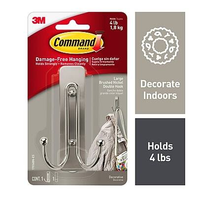 3M Command  
Damage-Free Hanging  
Cuelga sin dañar  
Holds Strongly - Removes Cleanly  
Large Brushed Nickel Double Hook  
Gran color níquel pulido  
Decorate Indoors  
Holds 4 lbs  
1.8 kg  
CONT. 1