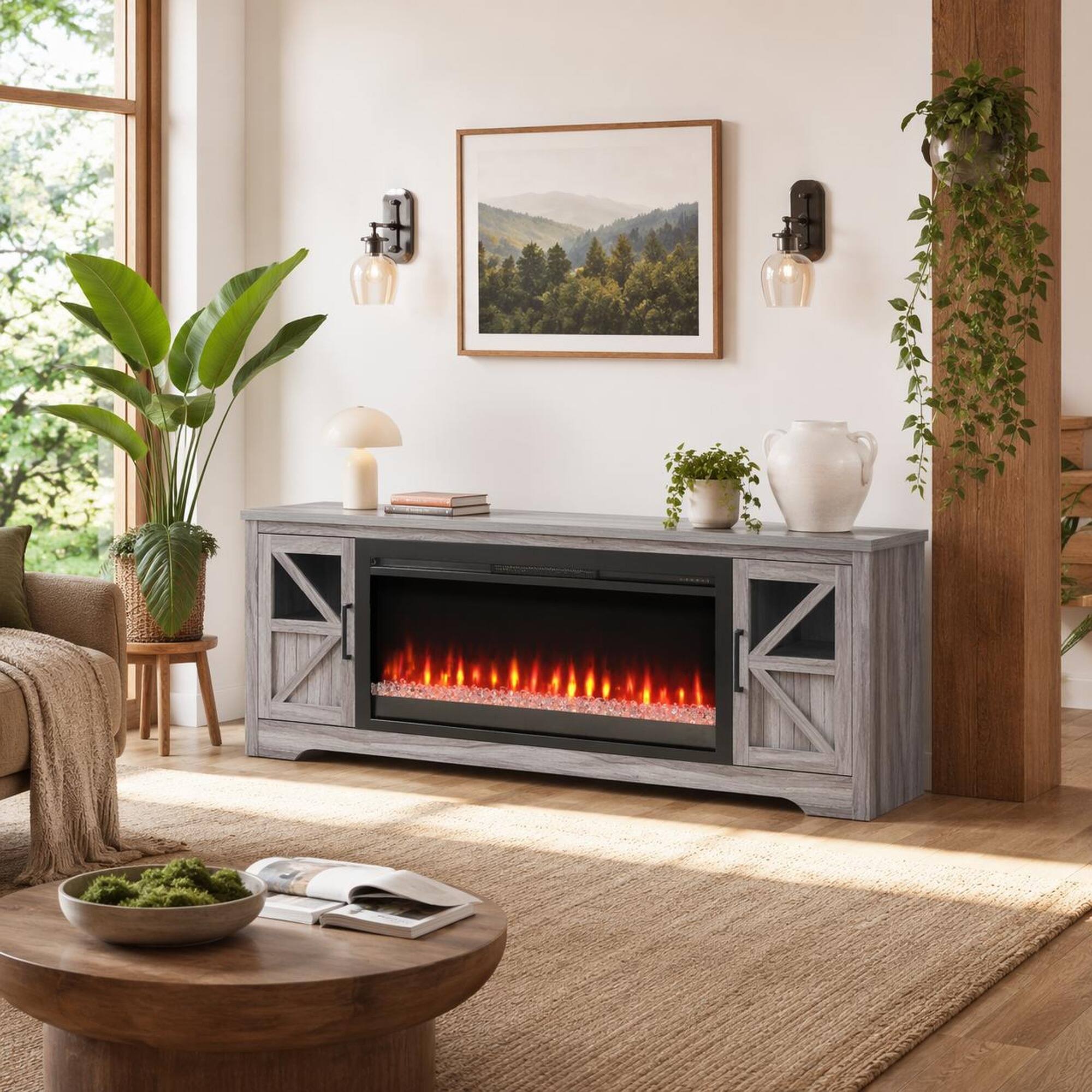 Left. RYHNUYNE - 75 Inch Fireplace TV Stand for TVs up to 80 Inch with 44 Inch Electric Fireplace for Living Room Home Theater - Gray Wash.