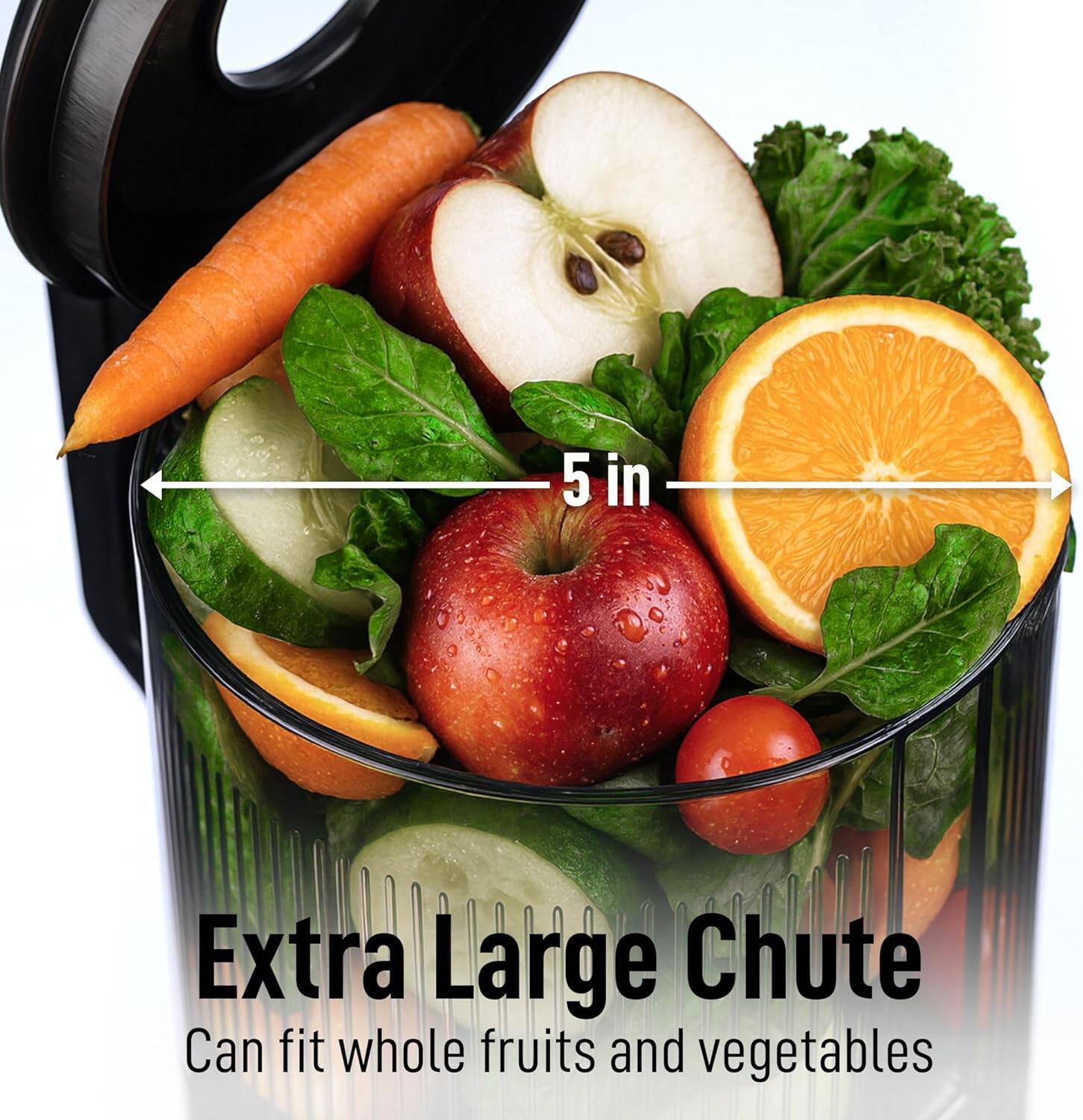 Extra Large Chute  
Can fit whole fruits and vegetables  
5 in