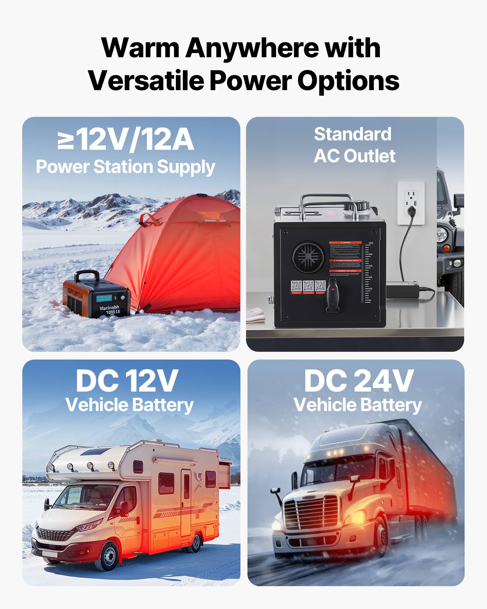 Warm Anywhere with Versatile Power Options

- ≥12V/12A Power Station Supply
- Standard AC Outlet
- DC 12V Vehicle Battery
- DC 24V Vehicle Battery