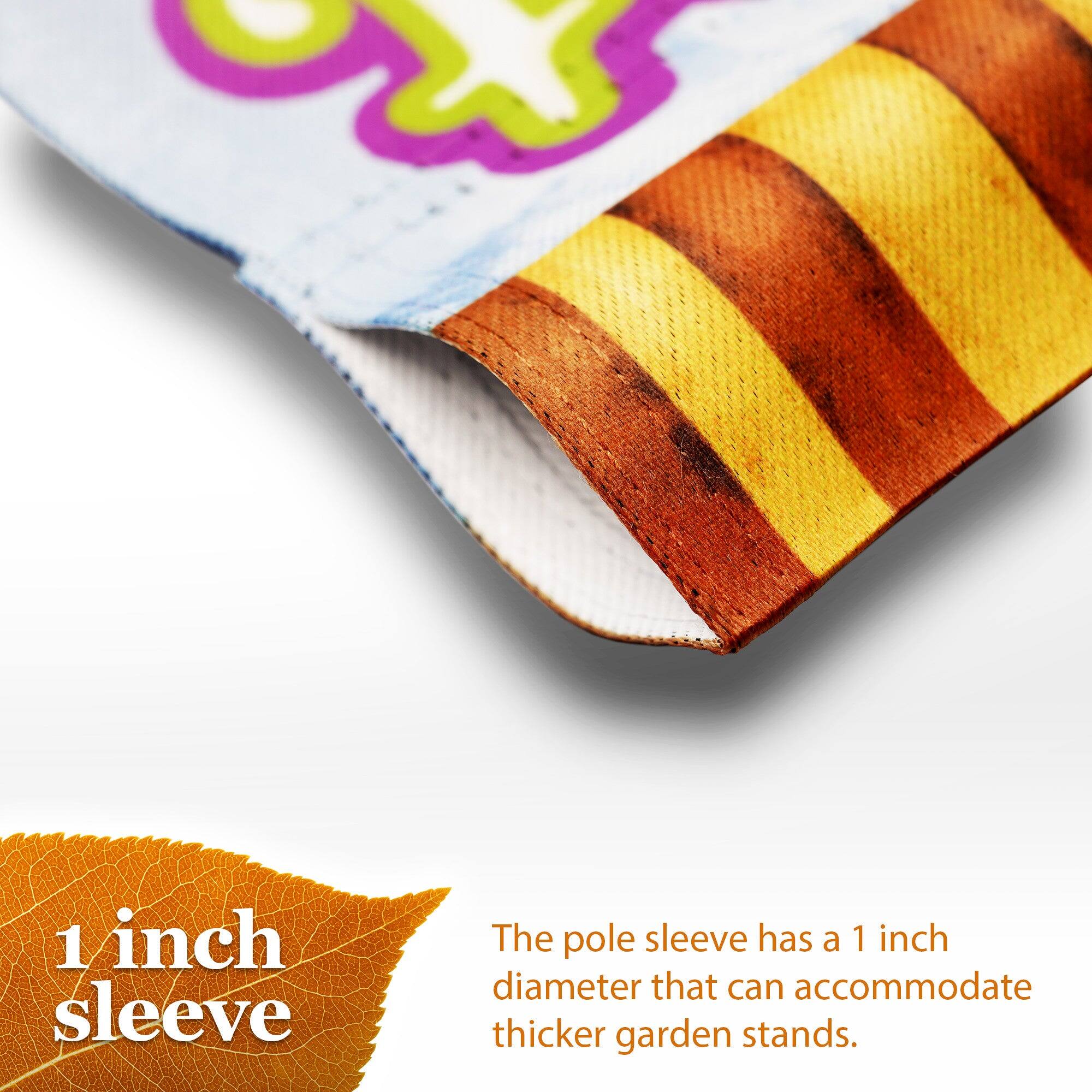 1 inch sleeve

The pole sleeve has a 1 inch diameter that can accommodate thicker garden stands.