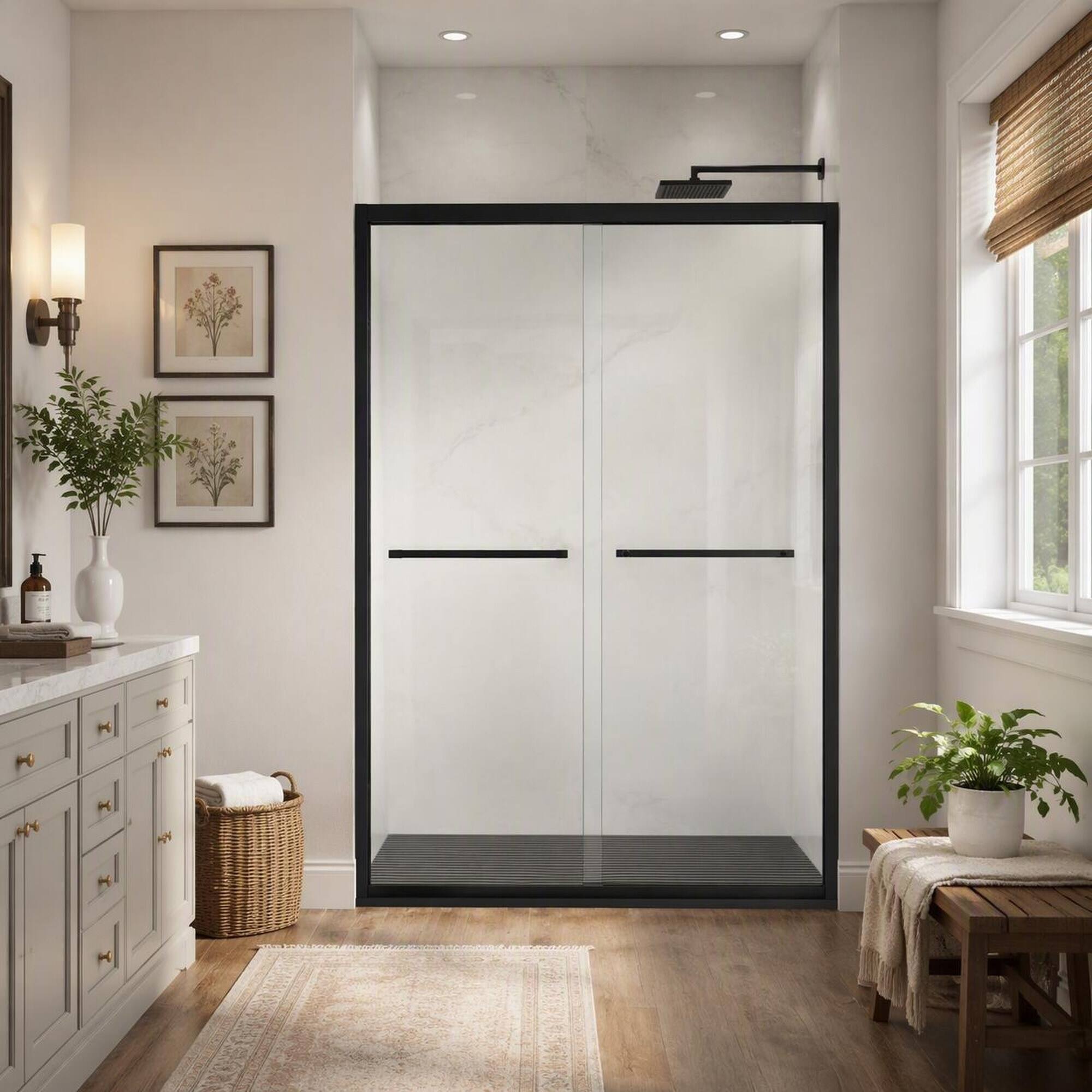 Angle. RYHNUYNE - 44-48" X 72" Aluminum Frame Double Sliding Shower Door With 5/16" Clear Tempered Glass, Matte Black Hardware - Matt Black.