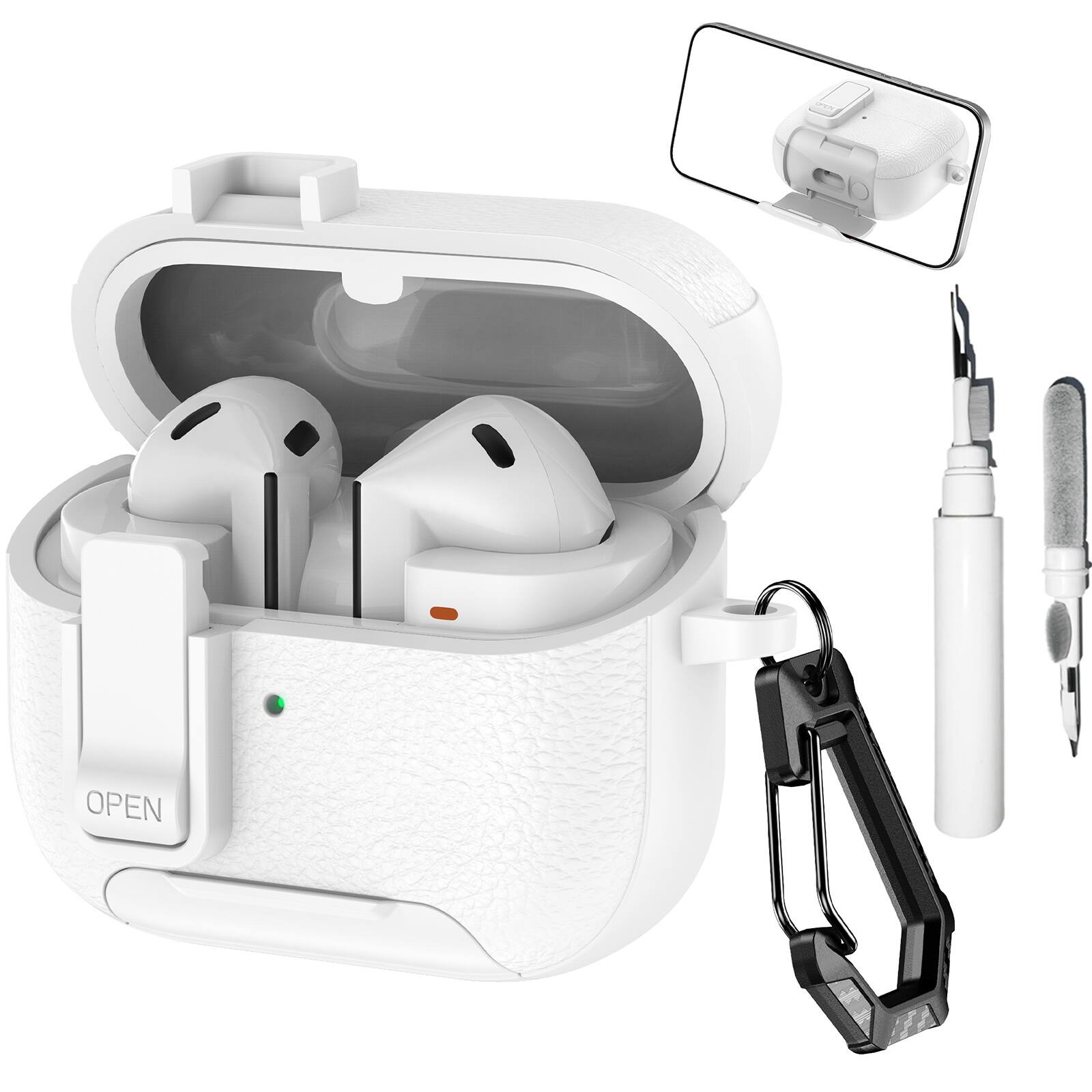 Dteck - Case for Samsung Galaxy Buds 3/3 Pro/3 FE with Phone Holder & Keychain,Leather Texture Earbuds Cover for Man Women - White