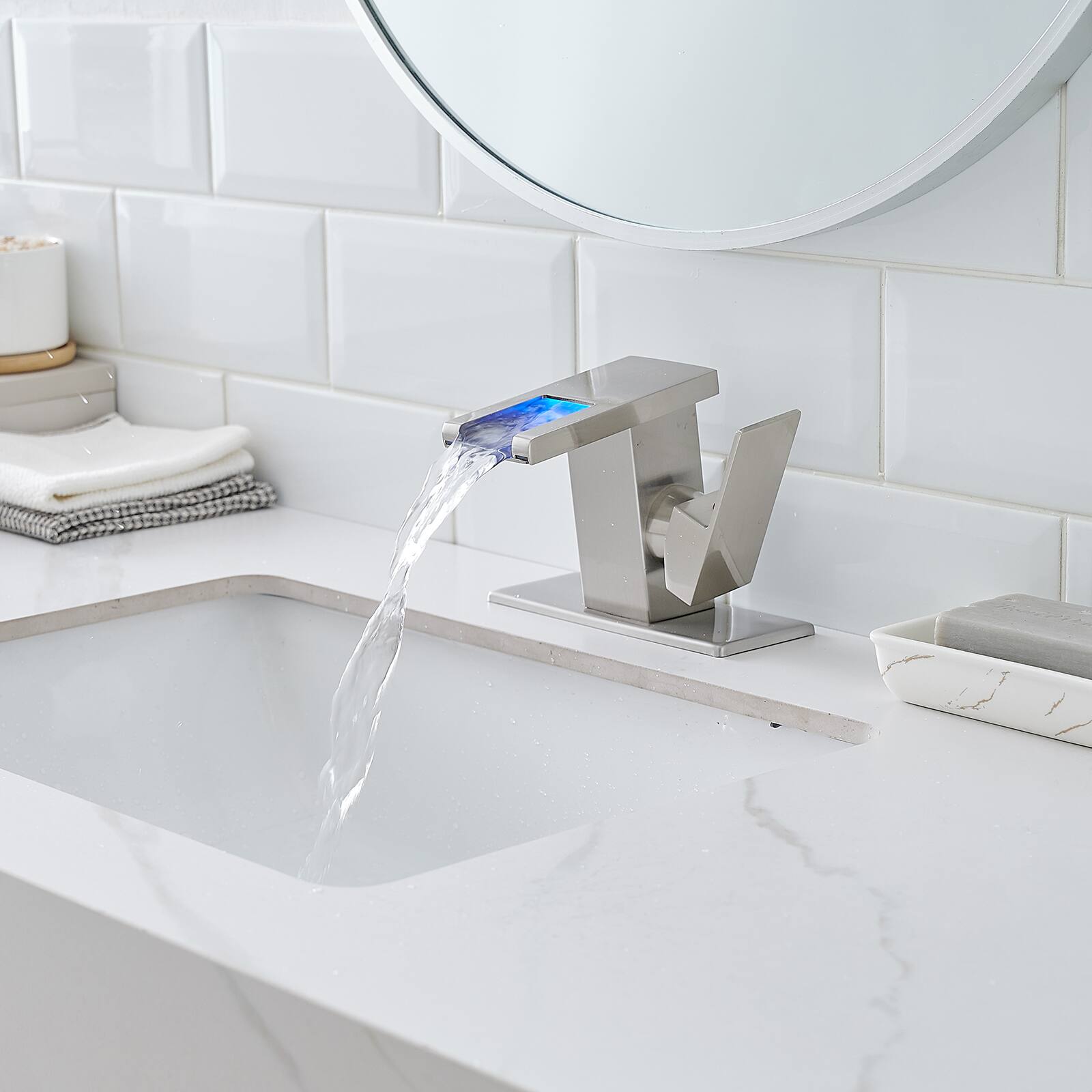 Alt View 4. Glintex - Bathroom Sink Faucet LED Light 3 Colors，Waterfall， Glass Spout， Hot Cold Water Mixer Single Handle，One Hole - Brushed Nickel.
