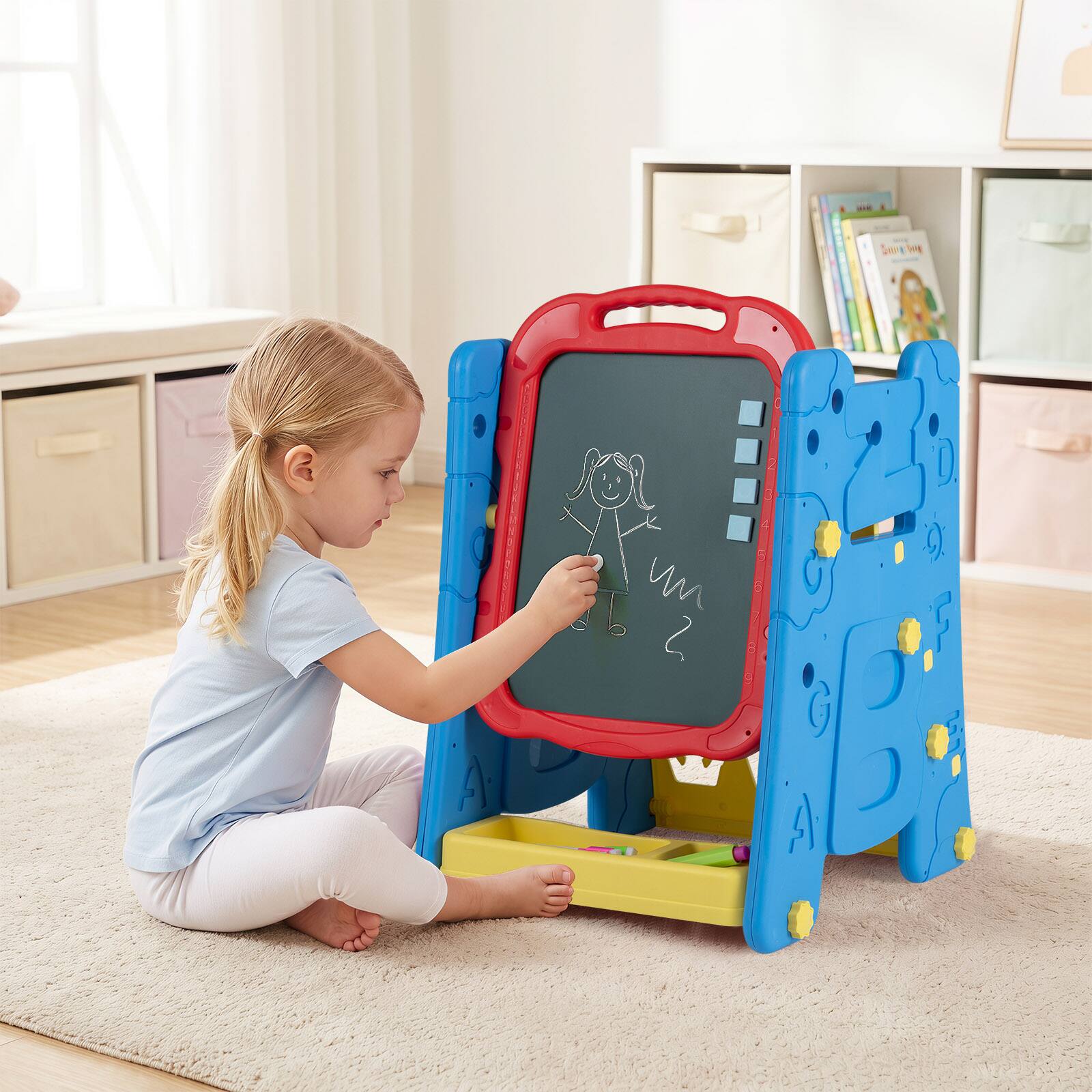 Alt View 1. Costway - Costway 3 in 1 Art Easel for Kids with Book Rack, Height Adjustable Standing Easel, Age 3+ - Red & Blue.