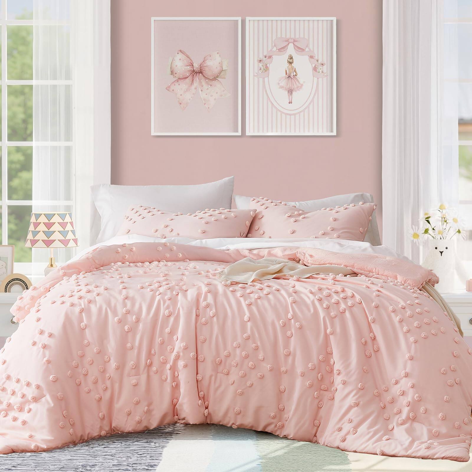 Cedar Assembly - Twintwin Comforter Set For Girls 5 Pieces Pom Tufted Bed In A Bag Bedding Sets With Sheets Pillowcases - Pink-Twin (66"x86")