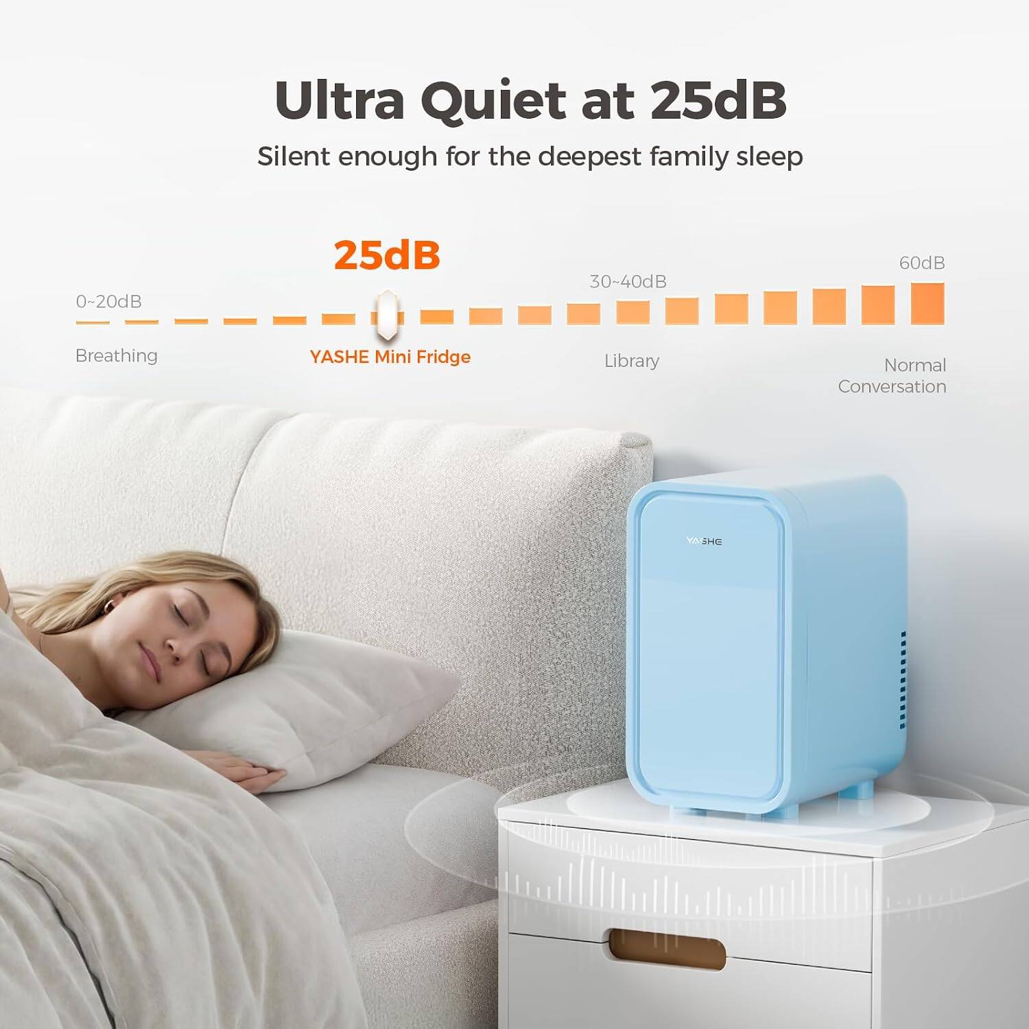 Ultra Quiet at 25dB  
Silent enough for the deepest family sleep

0~20dB  
25dB  
30~40dB  
60dB  

Breathing  
YASHE Mini Fridge  
Library  
Normal Conversation  
YASHE