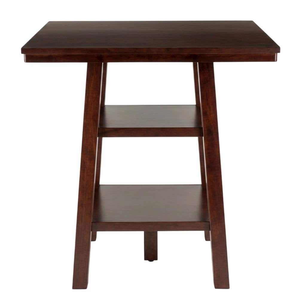 FurniFact - Wood High Bar Table with 2 Shelves, Transitional Pub Table for Dining Room - Walnut