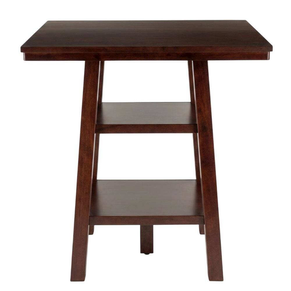 Front. FurniFact - Wood High Bar Table with 2 Shelves, Transitional Pub Table for Dining Room - Walnut.