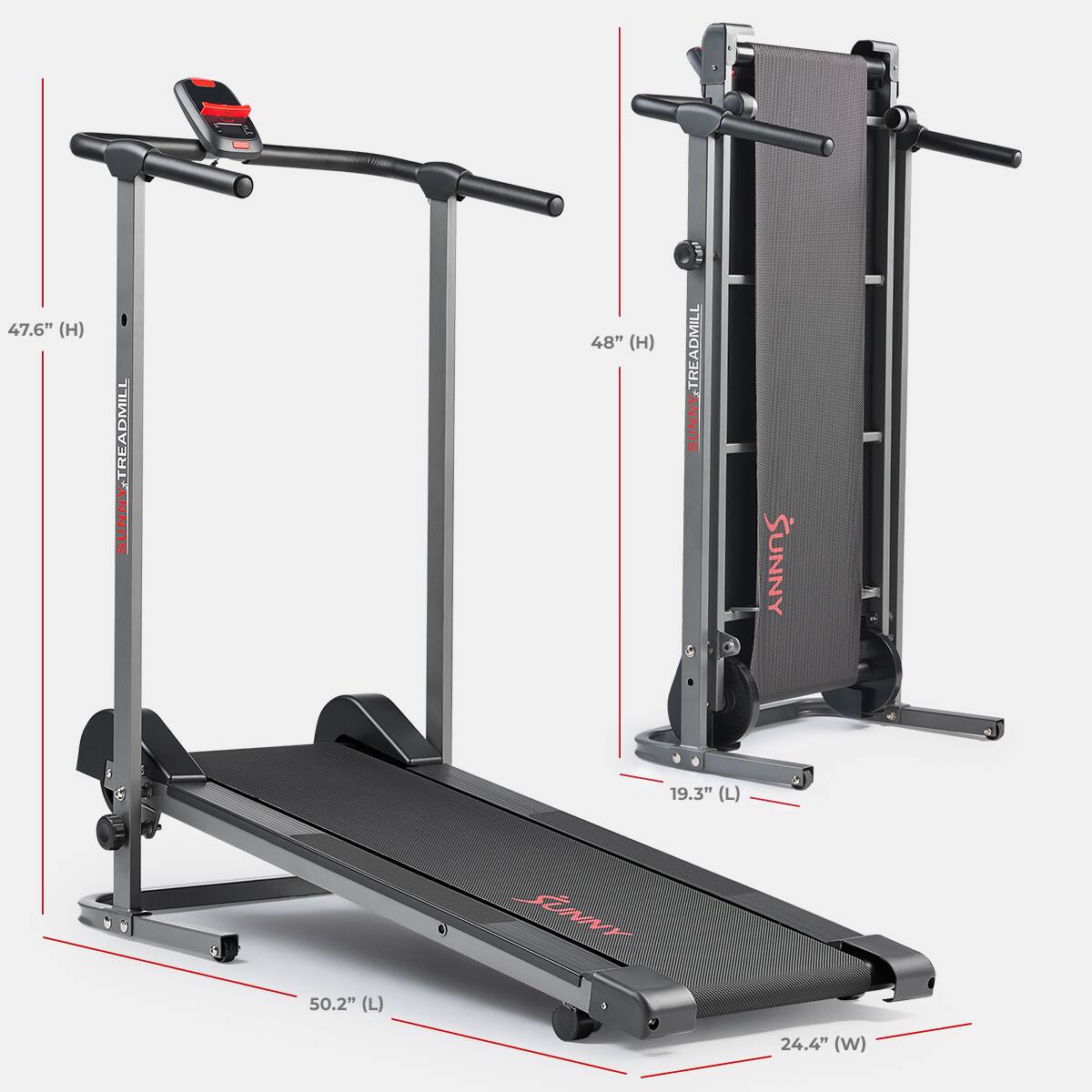 47.6" (H) TREADMILL, 48" (H) TREADMILL, 19.3" (L), 50.2" (L), 24.4" (W)