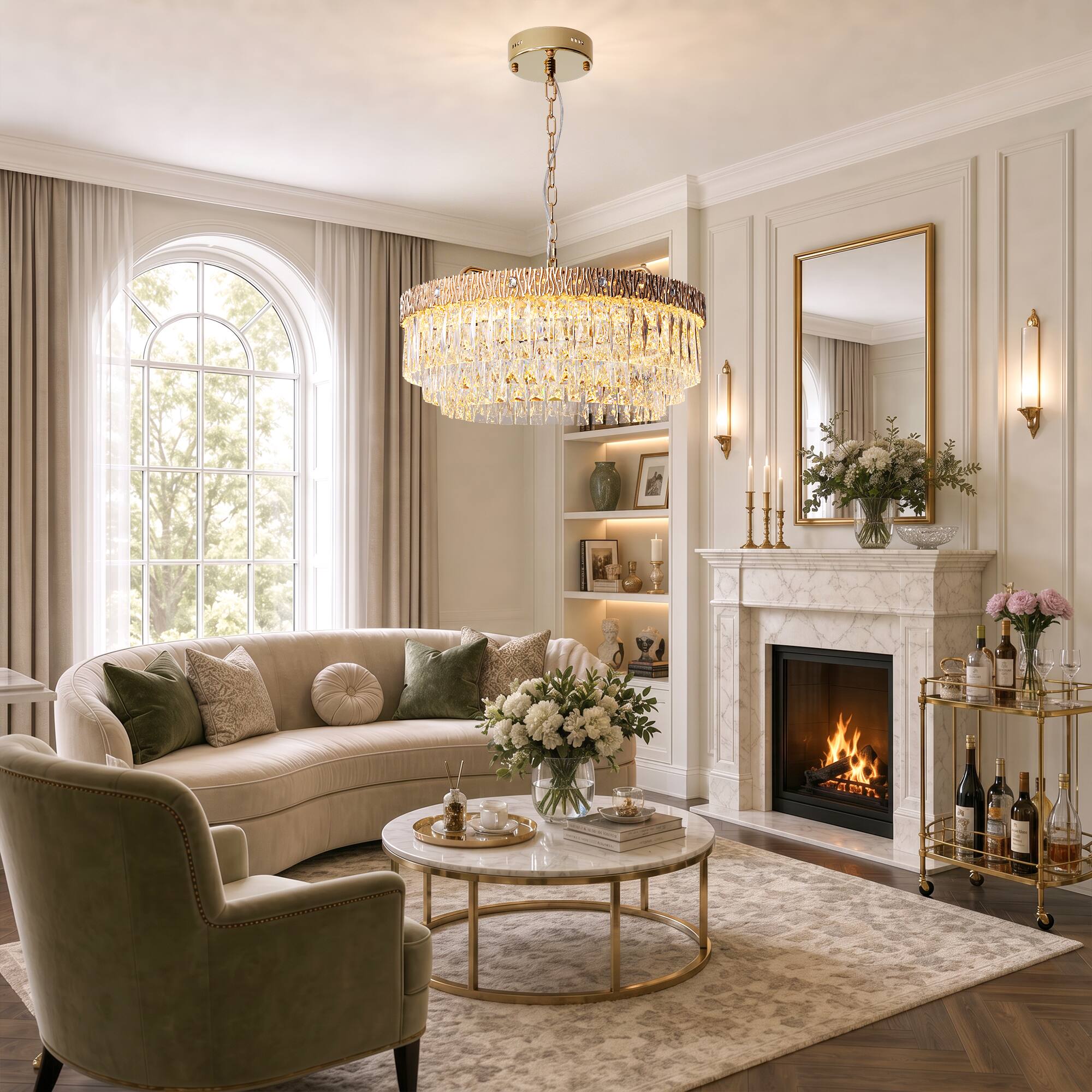 Back. Siljoy - 24 Inch Round Luxury Champagne Gold Multi-Layer Crystal Chandelier, Ceiling Pendant Light for Living Room and Foyer - Champagne Gold.