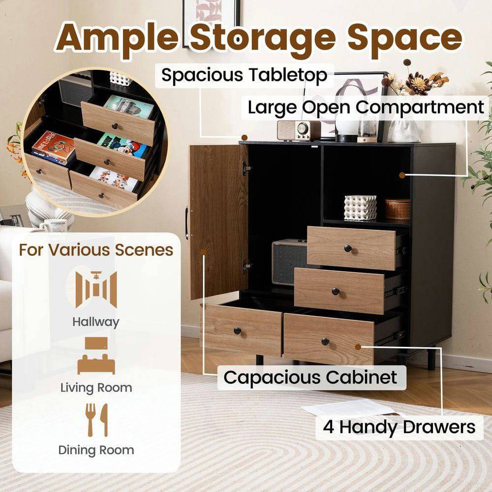 Ample Storage Space  
Spacious Tabletop  
Large Open Compartment  

For Various Scenes  
Hallway  
Living Room  
Dining Room  

Capacious Cabinet  
4 Handy Drawers