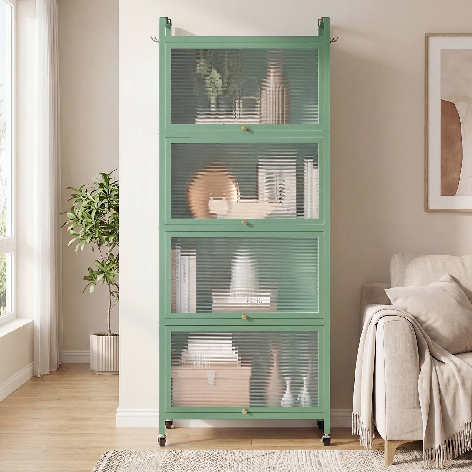 Alt View 4. Costway - Costway 5-Tier Kitchen Baker's Rack Storage Cabinet Mobile Microwave Stand Flip-up Doors Green - Green.