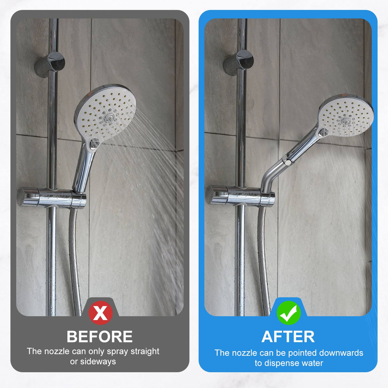 BEFORE The nozzle can only spray straight or sideways  
AFTER The nozzle can be pointed downwards to dispense water