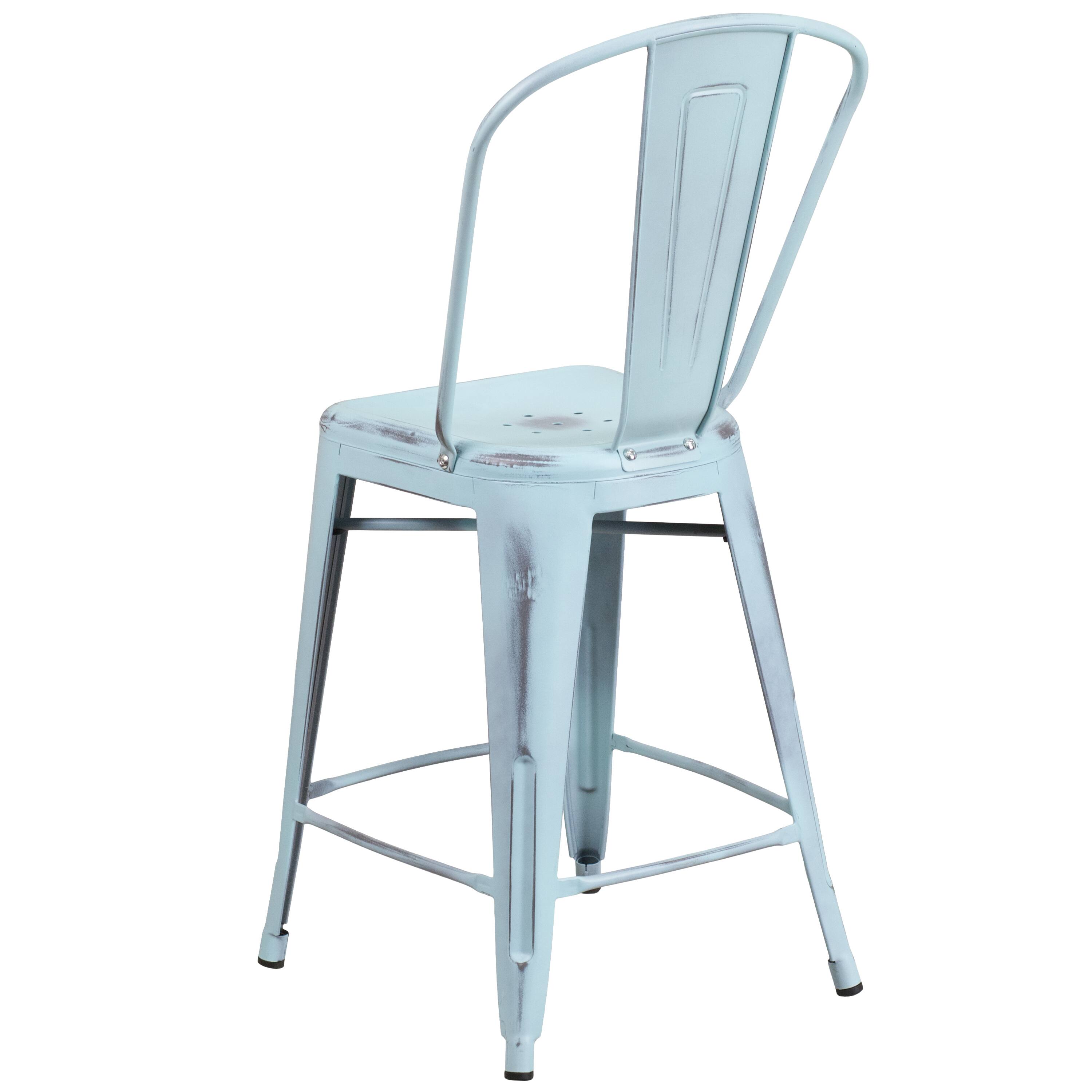 Alt View 6. Emma + Oliver - Commercial Grade 4 Pack 24" High Distressed Metal Indoor-Outdoor Counter Height Stool with Back - Green-Blue.