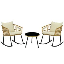 Outsunny - Wicker Outdoor Rocking Chair Set, 3 Piece Patio Bistro Set with 2 Porch Rocker Chairs - Cream White
