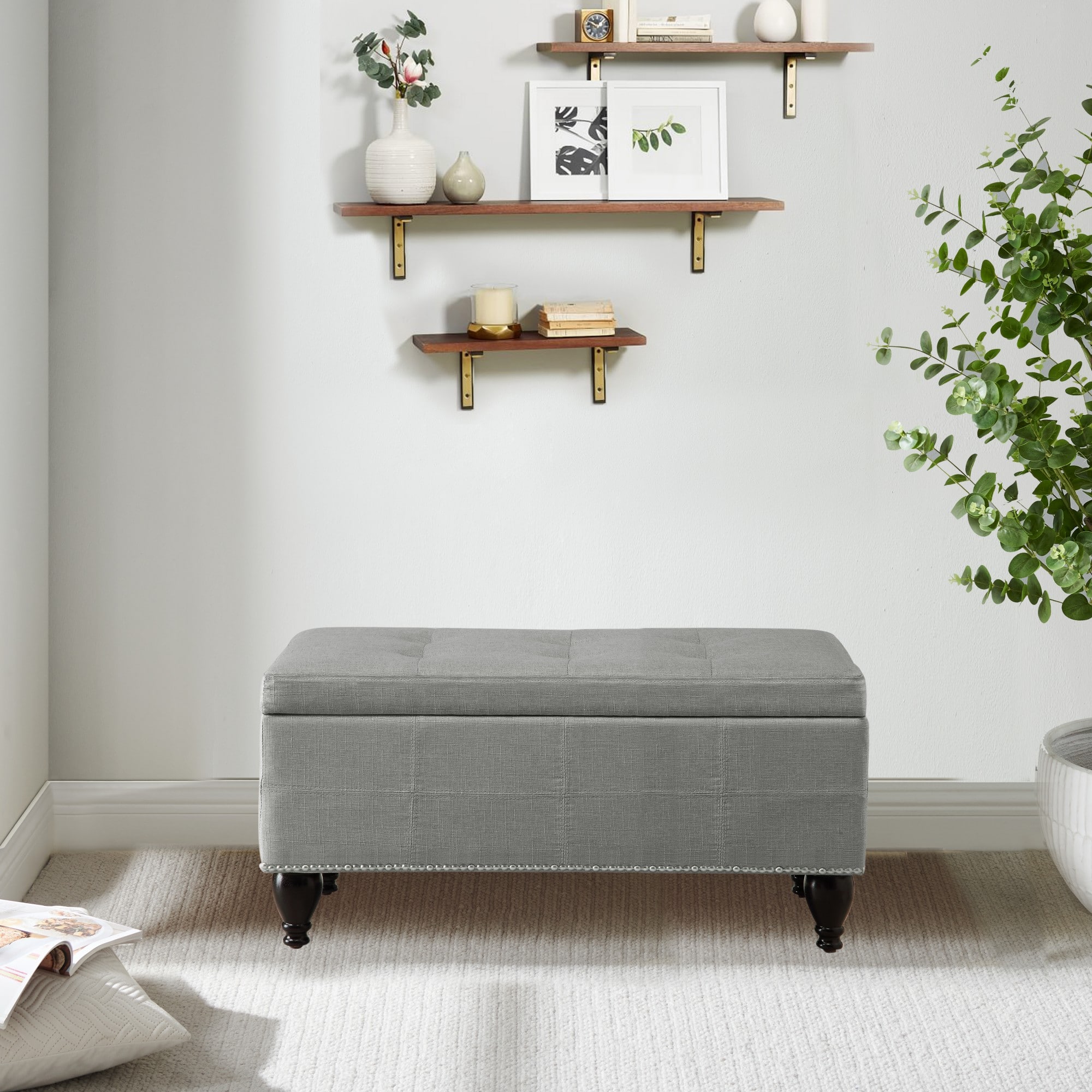 Boyel Living - Small Linen Bench with Nailhead Trim and Solid Wood Legs - Light Gray