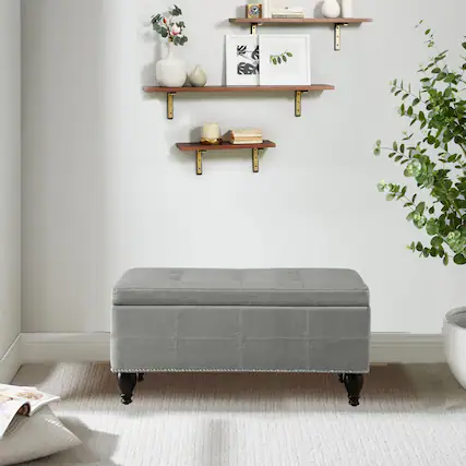 Front. Boyel Living - Small Linen Bench with Nailhead Trim and Solid Wood Legs - Light Gray.