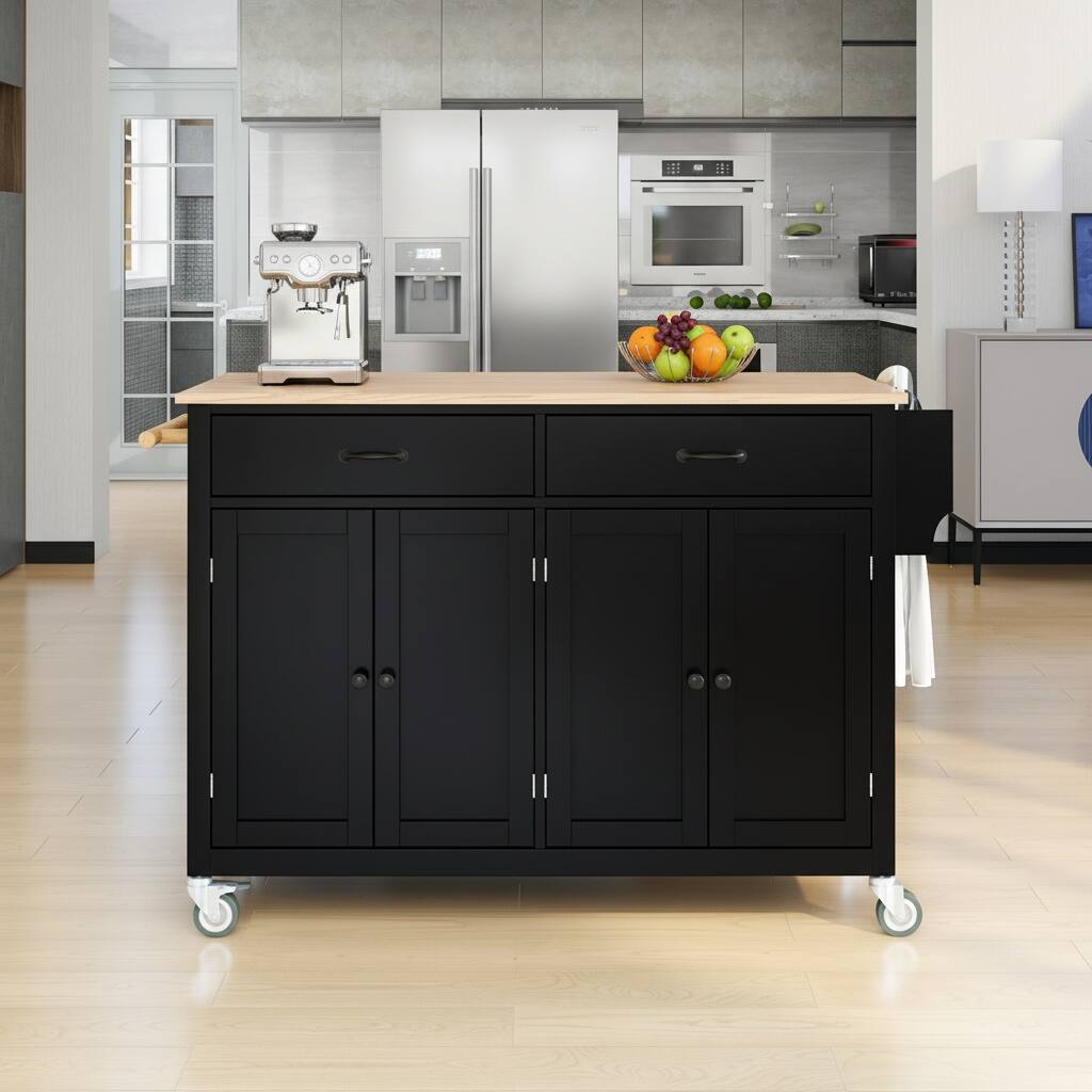 Left. Forest'nSky - 54.3" Kitchen Island Cart with Solid Wood Top – 4 Doors, 2 Drawers, Spice Rack & Towel Rack, Locking Wheels, Black - Black.