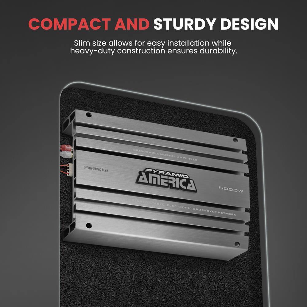 COMPACT AND STURDY DESIGN  
Slim size allows for easy installation while heavy-duty construction ensures durability.

PYRAMID AMERICA  
5000W  
THIN MOSFET AMPLIFIER  
PARALLEL ELECTRONIC CROSSOVER NETWORK