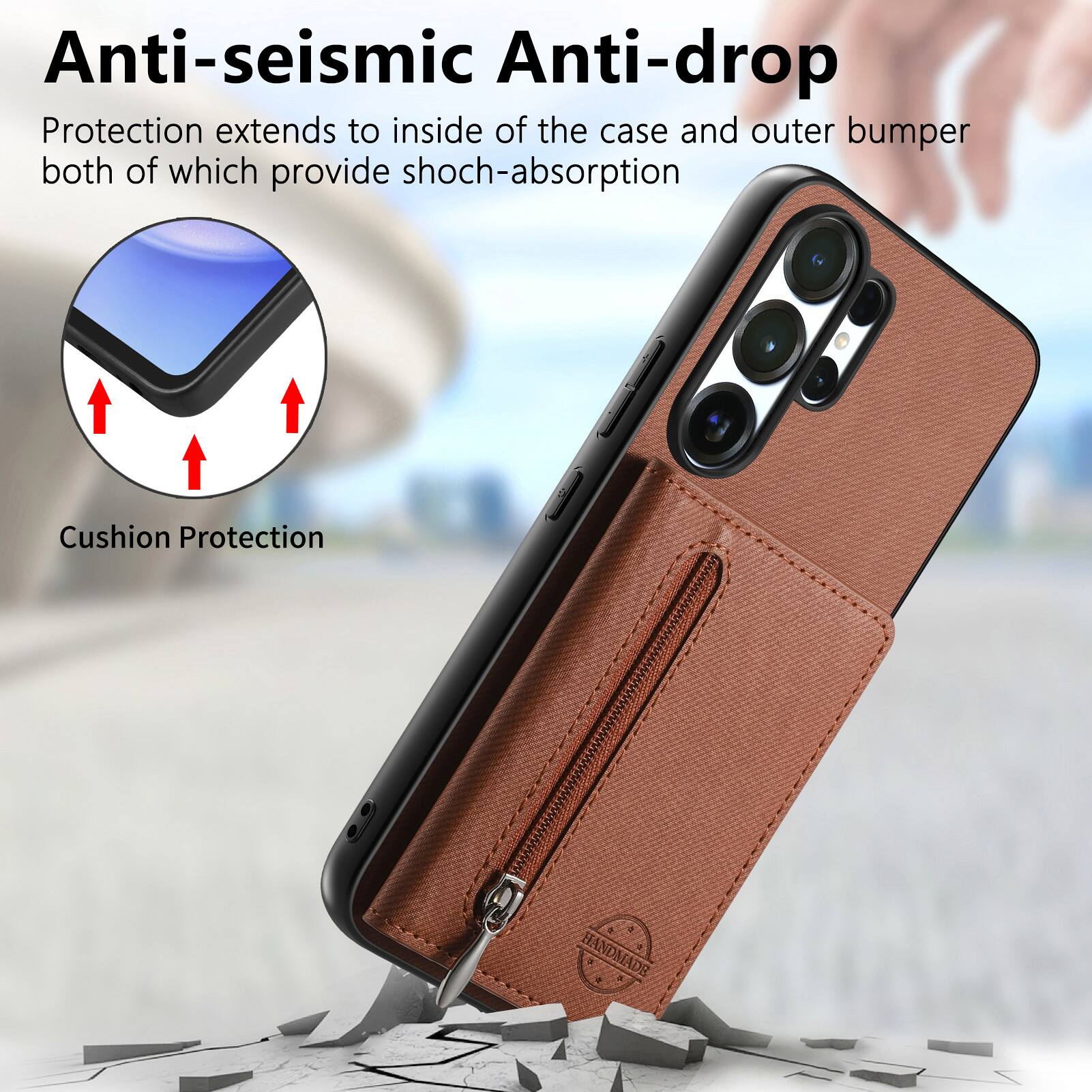 Anti-seismic Anti-drop Protection extends to inside of the case and outer bumper both of which provide shock-absorption Cushion Protection HANDMADE