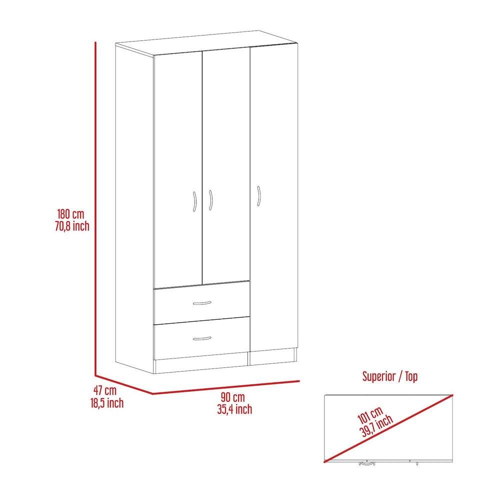 180 cm / 70.8 inch  
47 cm / 18.5 inch  
90 cm / 35.4 inch  
Superior / Top: 101 cm / 39.7 inch