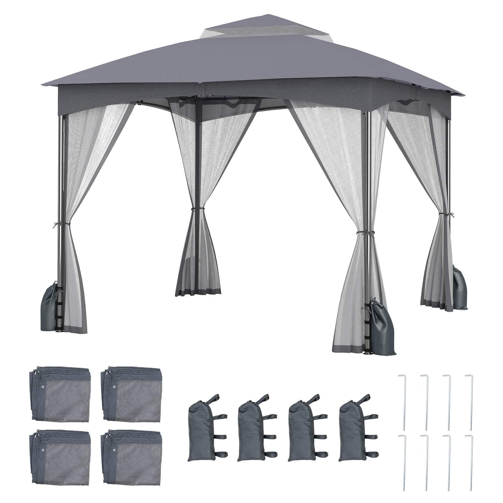 Costway - 10 X 10 FT Patio Gazebo with Netting Walls 4 Sandbags Zippered Doors Outdoor - Gray