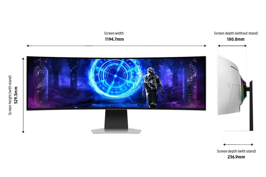 Screen width: 1194.7mm
Screen depth (without stand): 180.8mm
Screen depth (with stand): 236.9mm
Screen height: 529.3mm