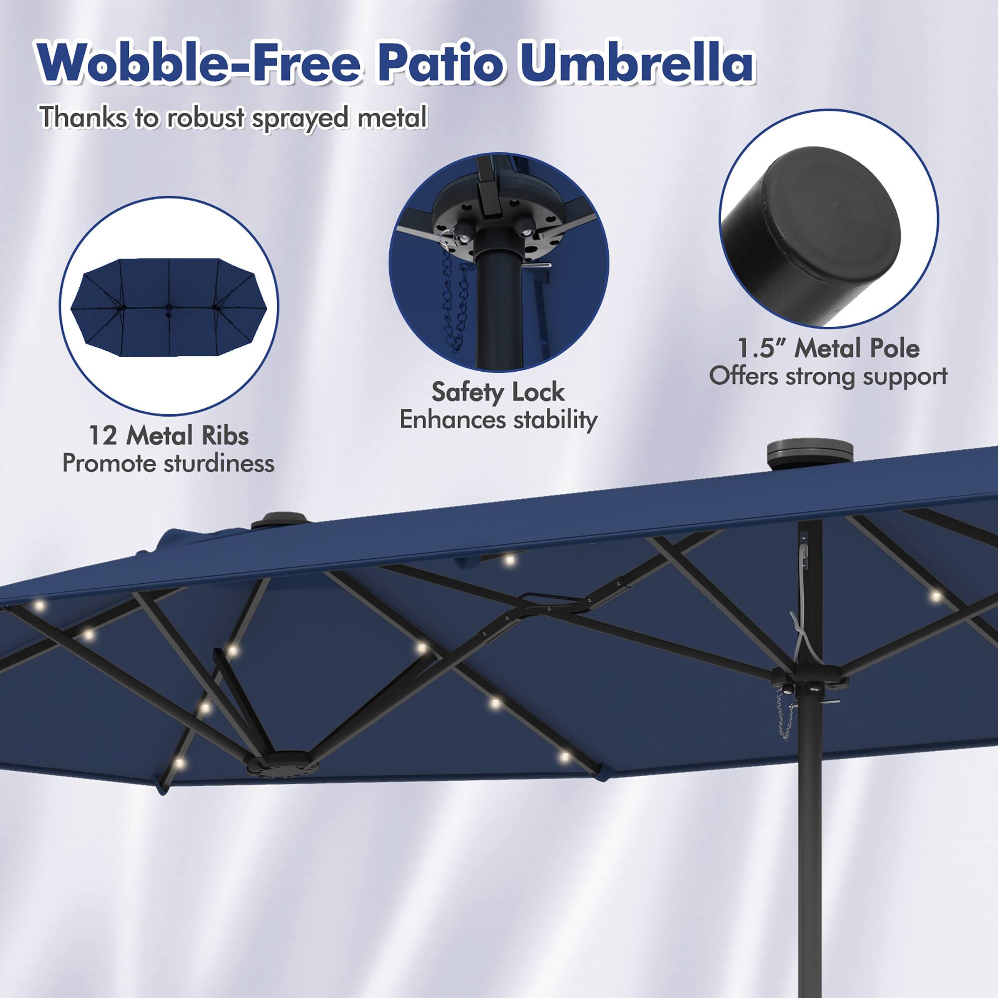 Wobble-Free Patio Umbrella  
Thanks to robust sprayed metal  

12 Metal Ribs  
Promote sturdiness  

Safety Lock  
Enhances stability  

1.5" Metal Pole  
Offers strong support