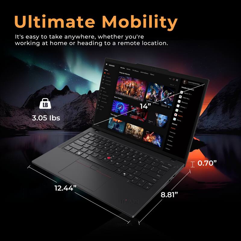 Ultimate Mobility  
It's easy to take anywhere, whether you're working at home or heading to a remote location.  

- Weight: 3.05 lbs  
- Screen Size: 14"  
- Dimensions: 12.44" x 8.81" x 0.70"