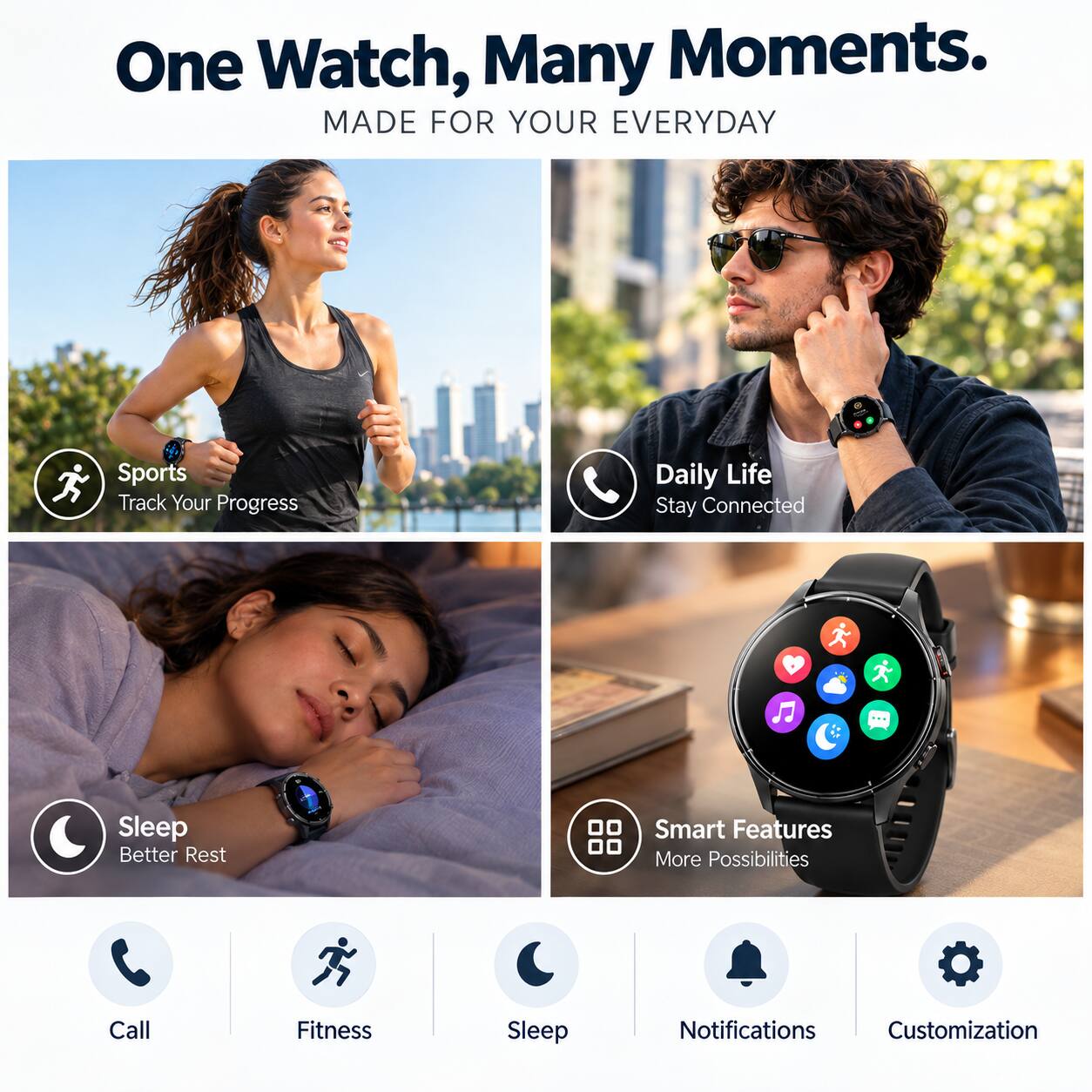 One Watch, Many Moments.  
MADE FOR YOUR EVERYDAY

Sports  
Track Your Progress

Daily Life  
Stay Connected

Sleep  
Better Rest

Smart Features  
More Possibilities

Call  
Fitness  
Sleep  
Notifications  
Customization