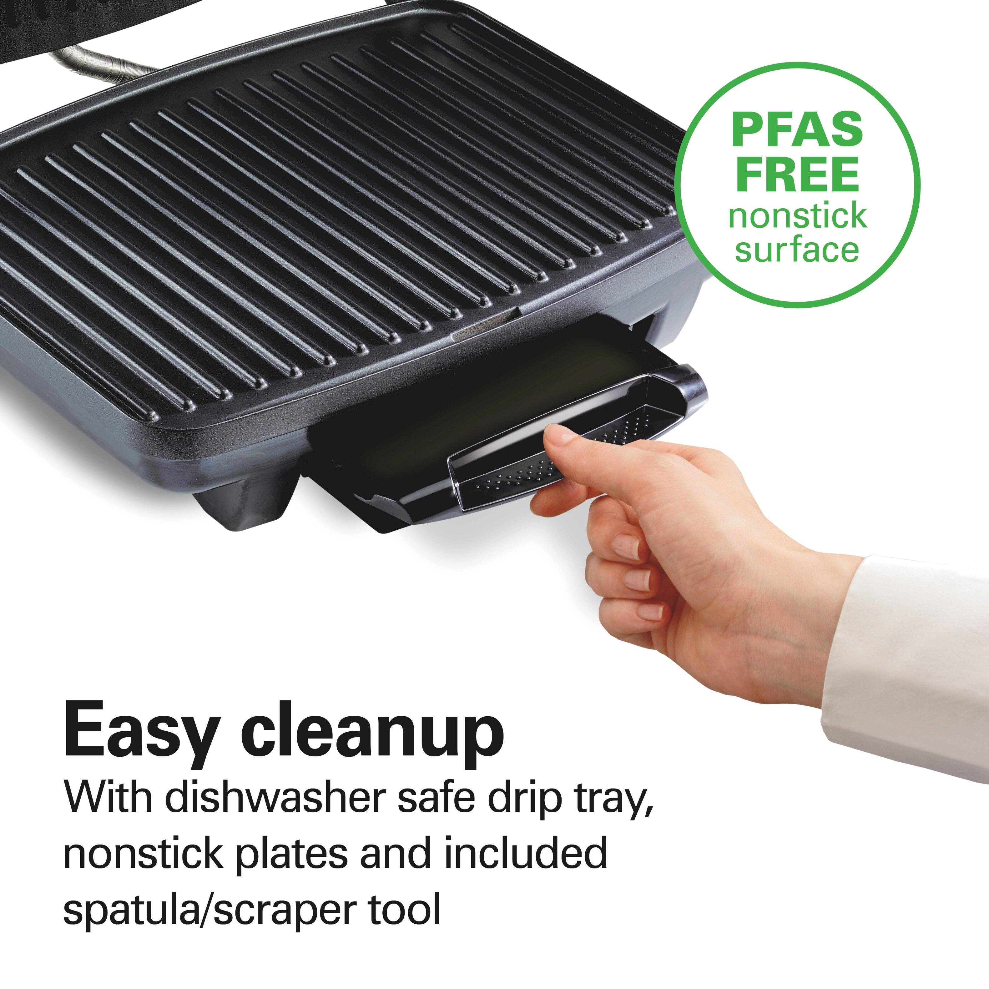 PFAS FREE nonstick surface

Easy cleanup  
With dishwasher safe drip tray, nonstick plates and included spatula/scraping tool