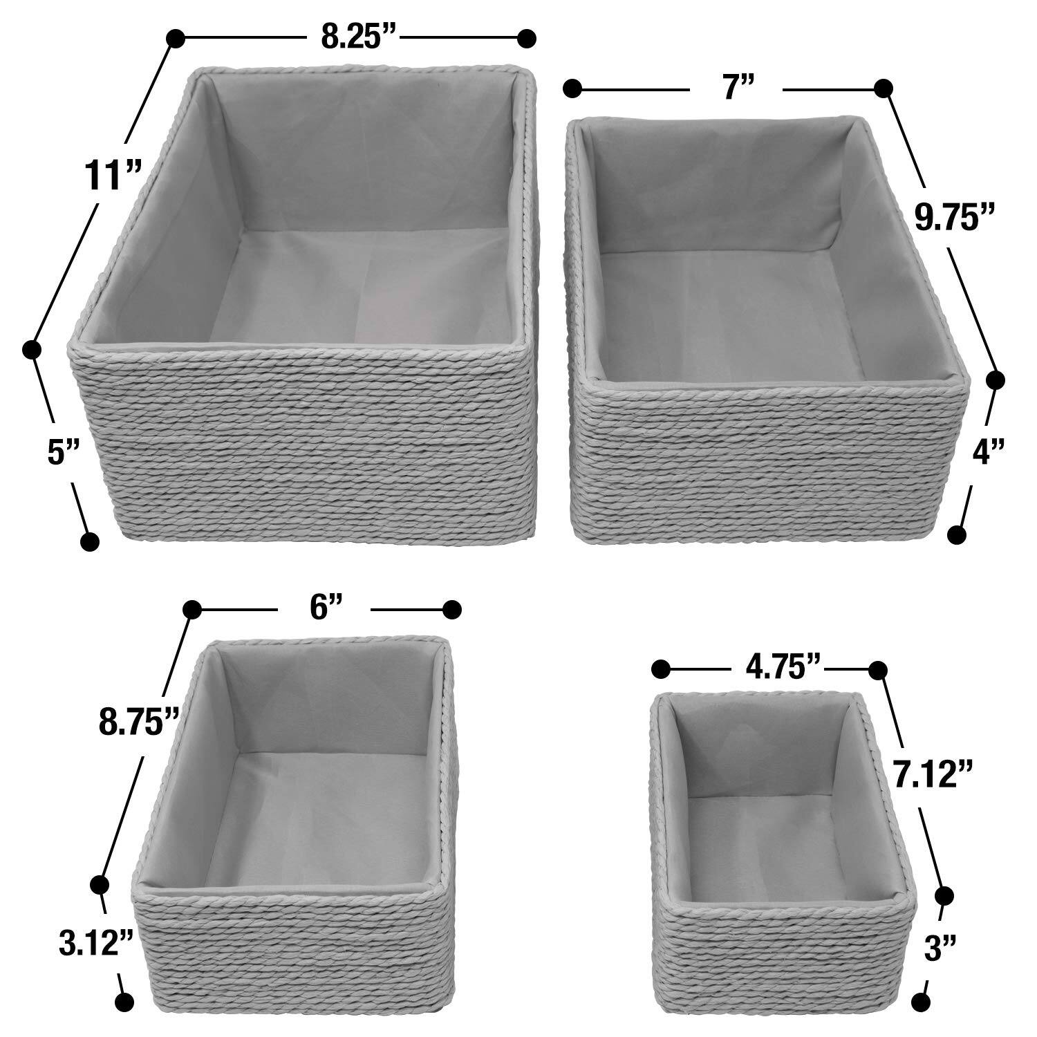 - 8.25" x 11" x 5"
- 7" x 9.75" x 4"
- 8.75" x 6" x 3.12"
- 4.75" x 7.12" x 3"