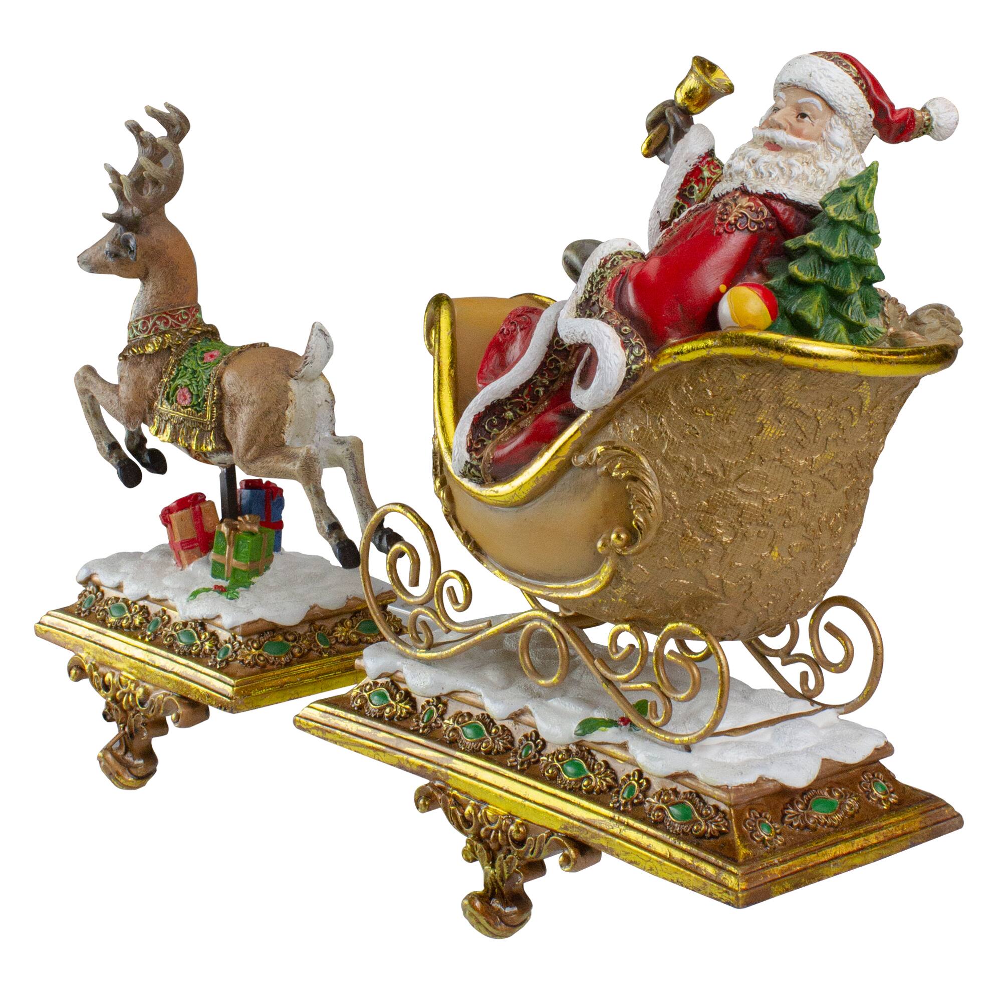 Alt View 2. Roman - Set of 2 Brown and Red Santa Claus with Reindeer Christmas Stocking Holders 9.5" - Brown.
