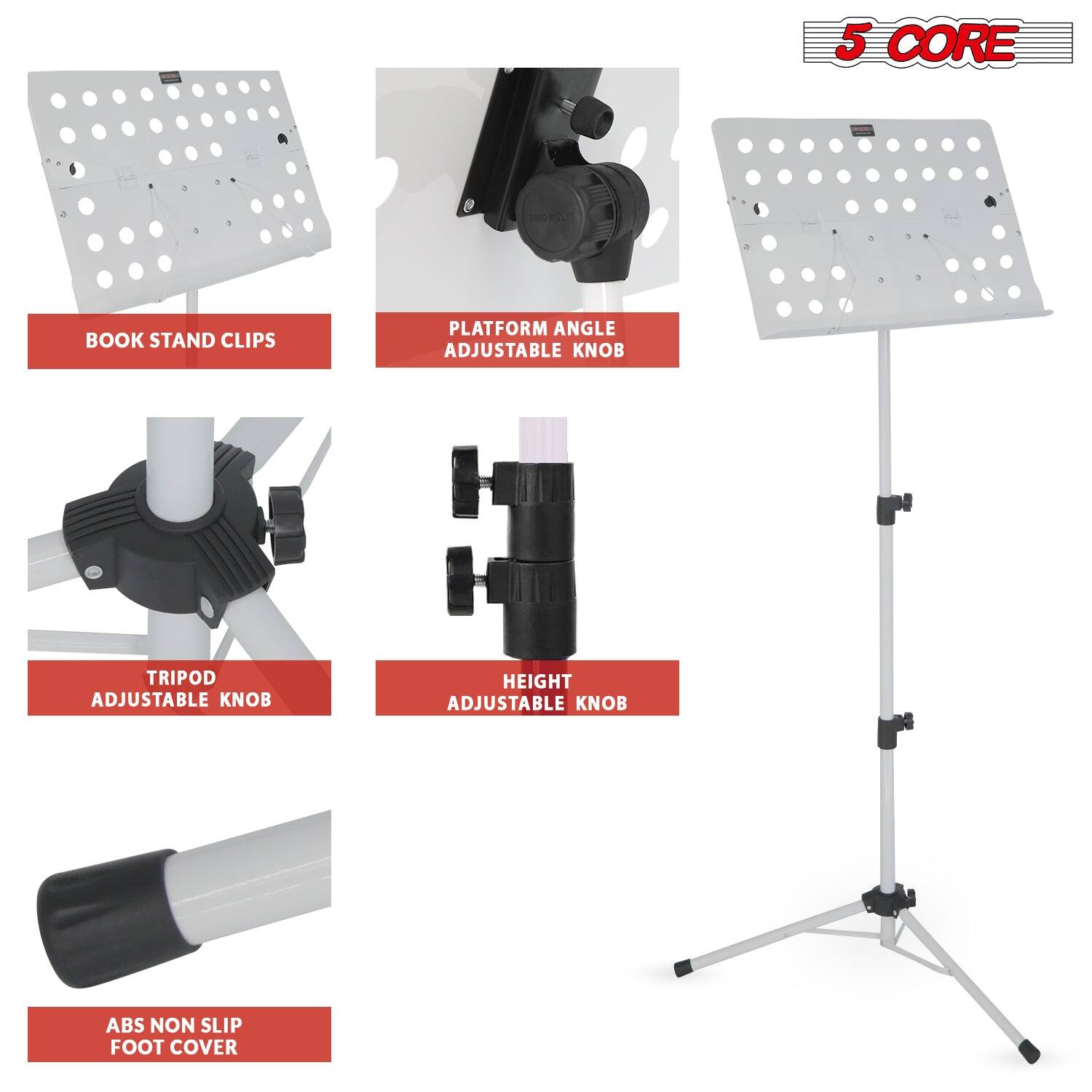 5 CORE

- BOOK STAND CLIPS
- PLATFORM ANGLE ADJUSTABLE KNOB
- TRIPOD ADJUSTABLE KNOB
- HEIGHT ADJUSTABLE KNOB
- ABS NON SLIP FOOT COVER