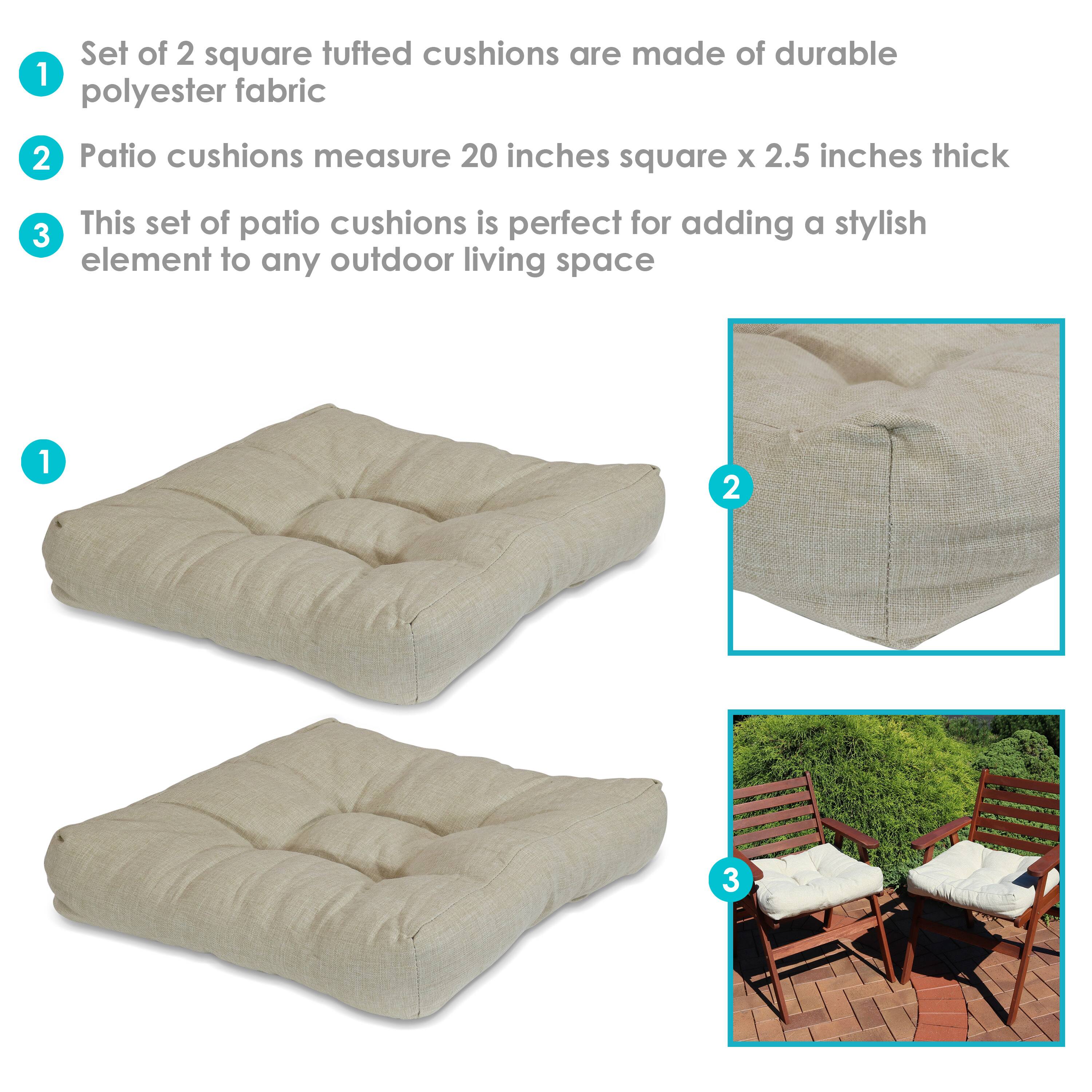 1. Set of 2 square tufted cushions are made of durable polyester fabric

2. Patio cushions measure 20 inches square x 2.5 inches thick

3. This set of patio cushions is perfect for adding a stylish element to any outdoor living space