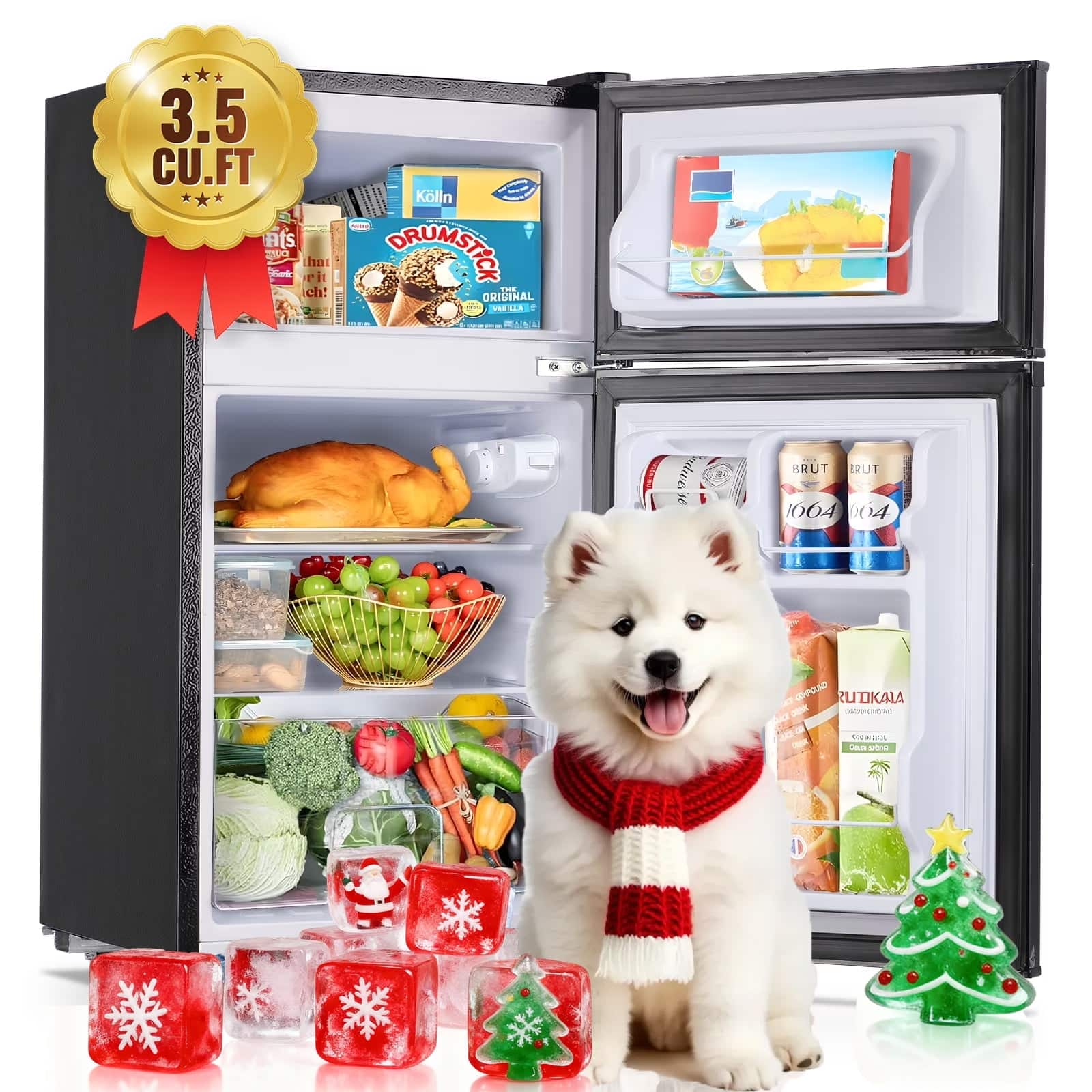 WANAI - Mini Refrigerator with 7-Level Adjustable Thermostat，3.5 Cu.Ft Dual Door Fridge for Home Dorm - Gray