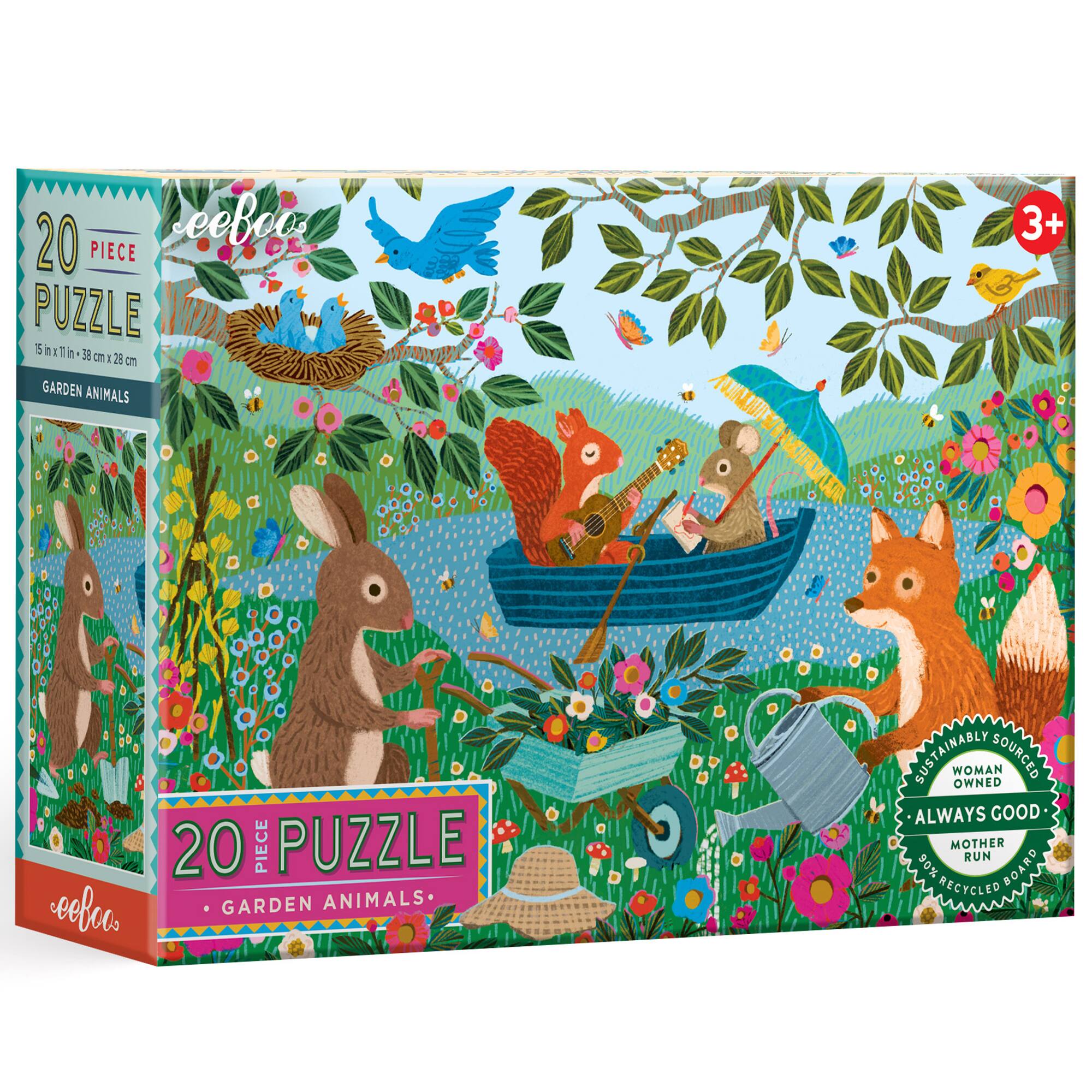 20 PIECE PUZZLE 15 in x 7 in 38 cm x 28 cm GARDEN ANIMALS  
3+  
20 PIECE PUZZLE GARDEN ANIMALS  
SUSTAINABLY WOMAN OWNED SOURCED ALWAYS GOOD MOTHER RUN 90% RECYCLED 90% BOARD