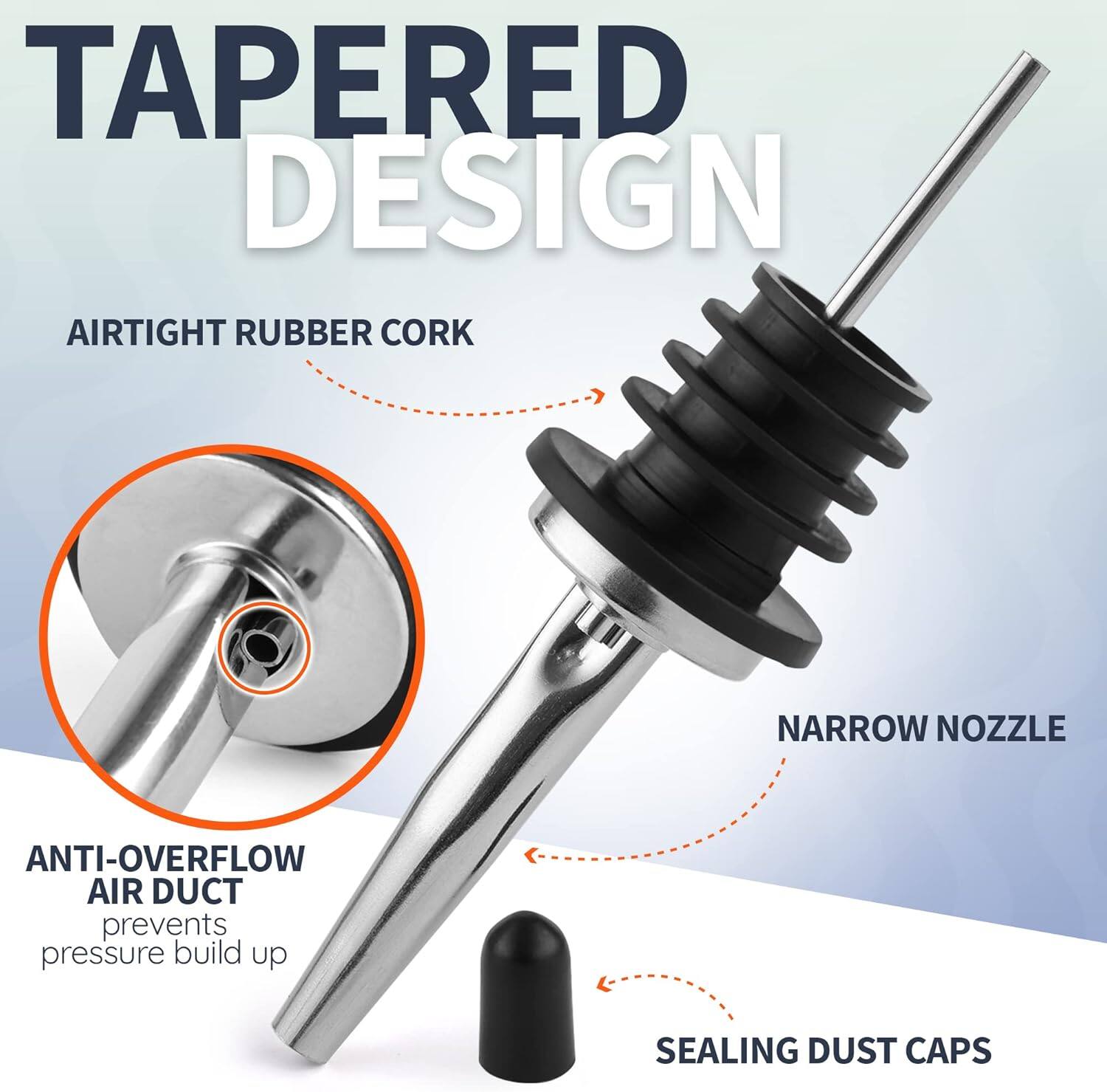 TAPERED DESIGN  
- AIRTIGHT RUBBER CORK  
- NARROW NOZZLE  
- ANTI-OVERFLOW AIR DUCT (prevents pressure build up)  
- SEALING DUST CAPS