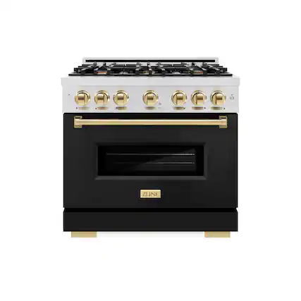 Front. ZLINE - ZLINE Autograph 36 in. Classic Dual Fuel Satin Steel Range w/ Black & Gold Accents (CDRSZ-BLM-36-G) - Stainless Steel.