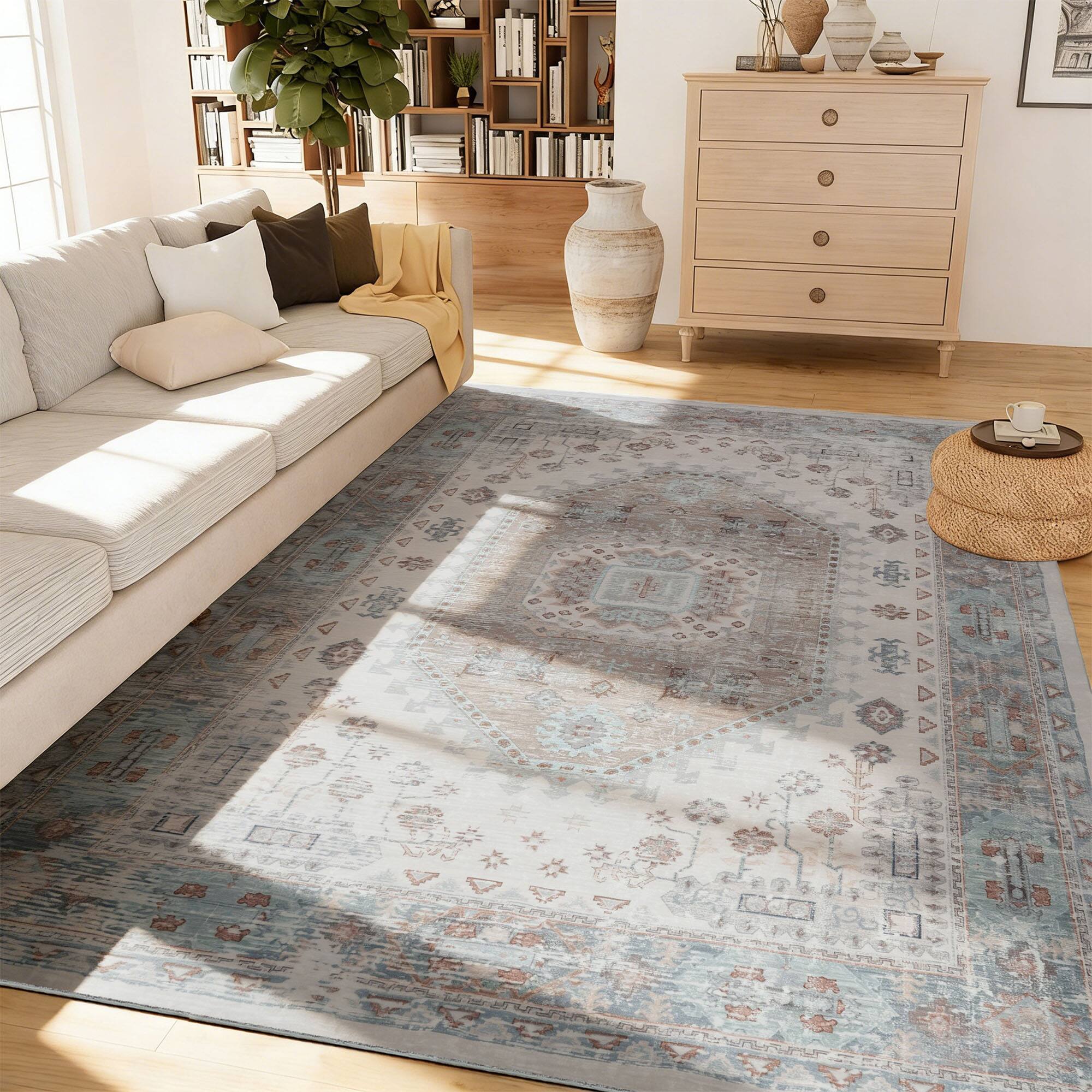 Angle. RYHNUYNE - Washable Rugs 5x7 Area Rugs for Living Room, Stain Resistant Thin Carpe, Turquoise Soft Rugs for Nursery Home Office - Turquoise.