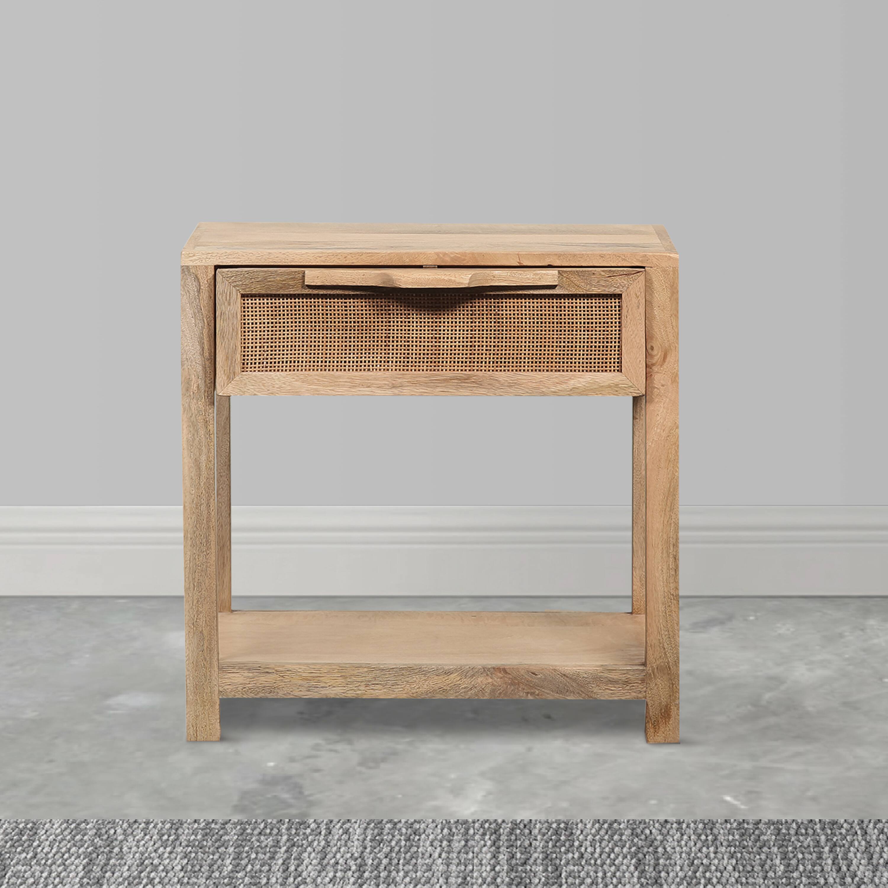 Alt View 6. Manhattan Lane - Rosette 22 Inch Accent Side Table, Rattan Front Drawer, Open Shelf, Mango Wood Frame - Brown.