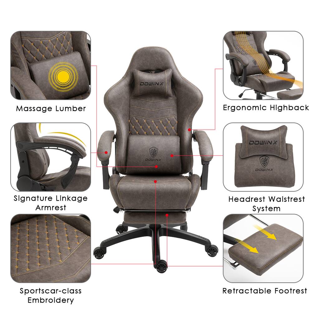 - DOWINX Massage Lumber
- Ergonomic Highback
- DOWINX Signature Linkage Armrest
- Headrest Waistrest System
- Sportscar-class Embroidery
- Retractable Footrest