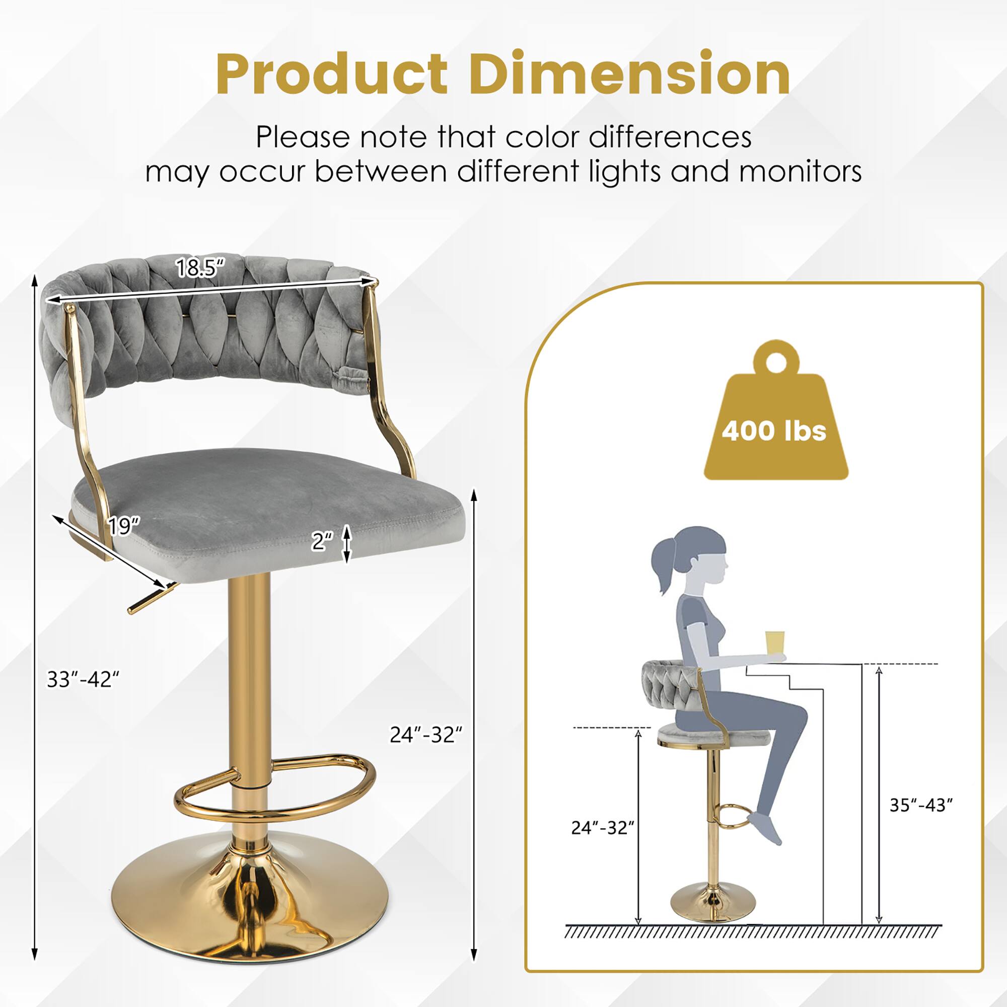 Product Dimension
Please note that color differences may occur between different lights and monitors
18.5"
19"
2"
33"-42"
24"-32"
24"-32"
35"-43"
400 lbs
