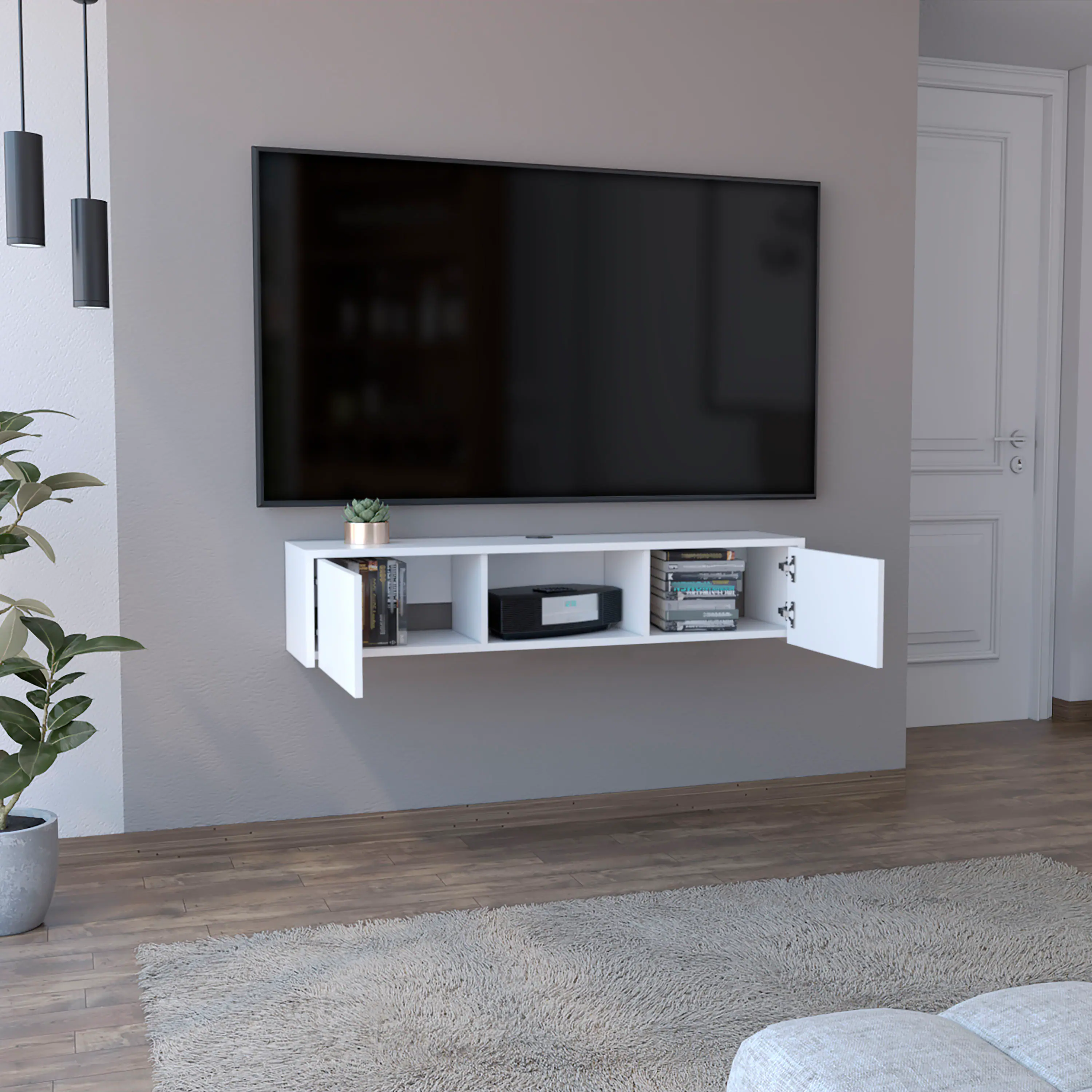 Left. APRILSOUL - Adel Floating TV Stand Sleek Wall-Mounted Console with 2-Doors White - White.