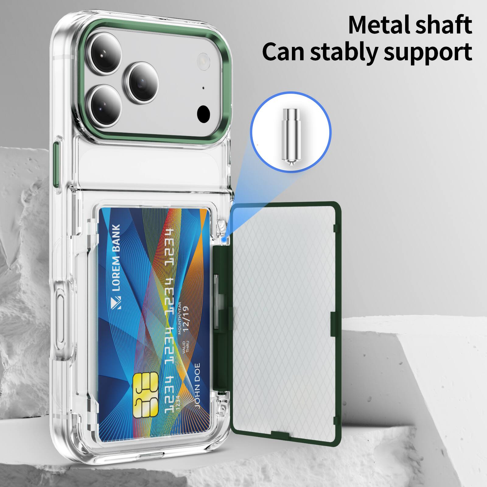 Metal shaft can stably support

BANK LOREM 1234 1234  
MONTH/VEA 12/19  
VALID THRU 12/19  
JOHN DOE