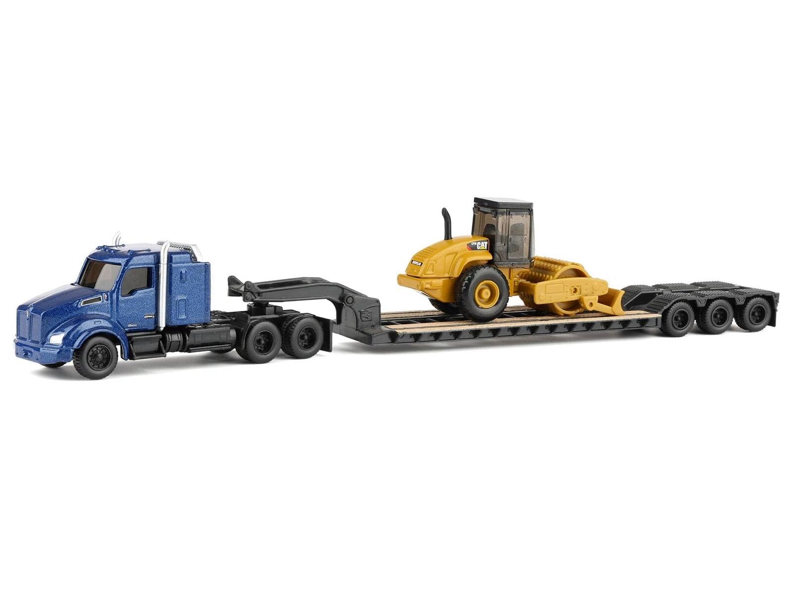 Alt View 2. Diecast Masters - Kenworth T880 Tractor Blue Metallic with Trailer and CAT Padfoot Roller Yellow 1/87 (HO) Scale Model by Diecast Masters.